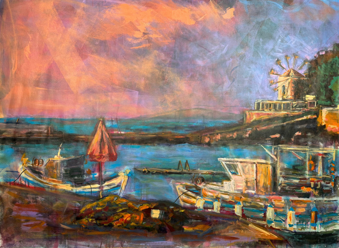 Colorful original painting fisher boots in greece