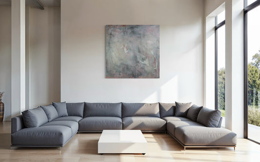 Minimalist luxury living room with a large sectional sofa and soft natural light – a calm, inviting space ideal for creative rituals and relaxation.