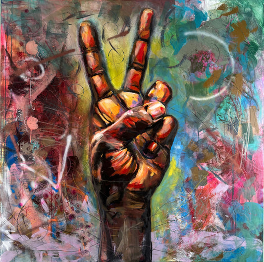 Bold abstract artwork of a peace sign hand, symbolizing emotional expression and creative freedom.