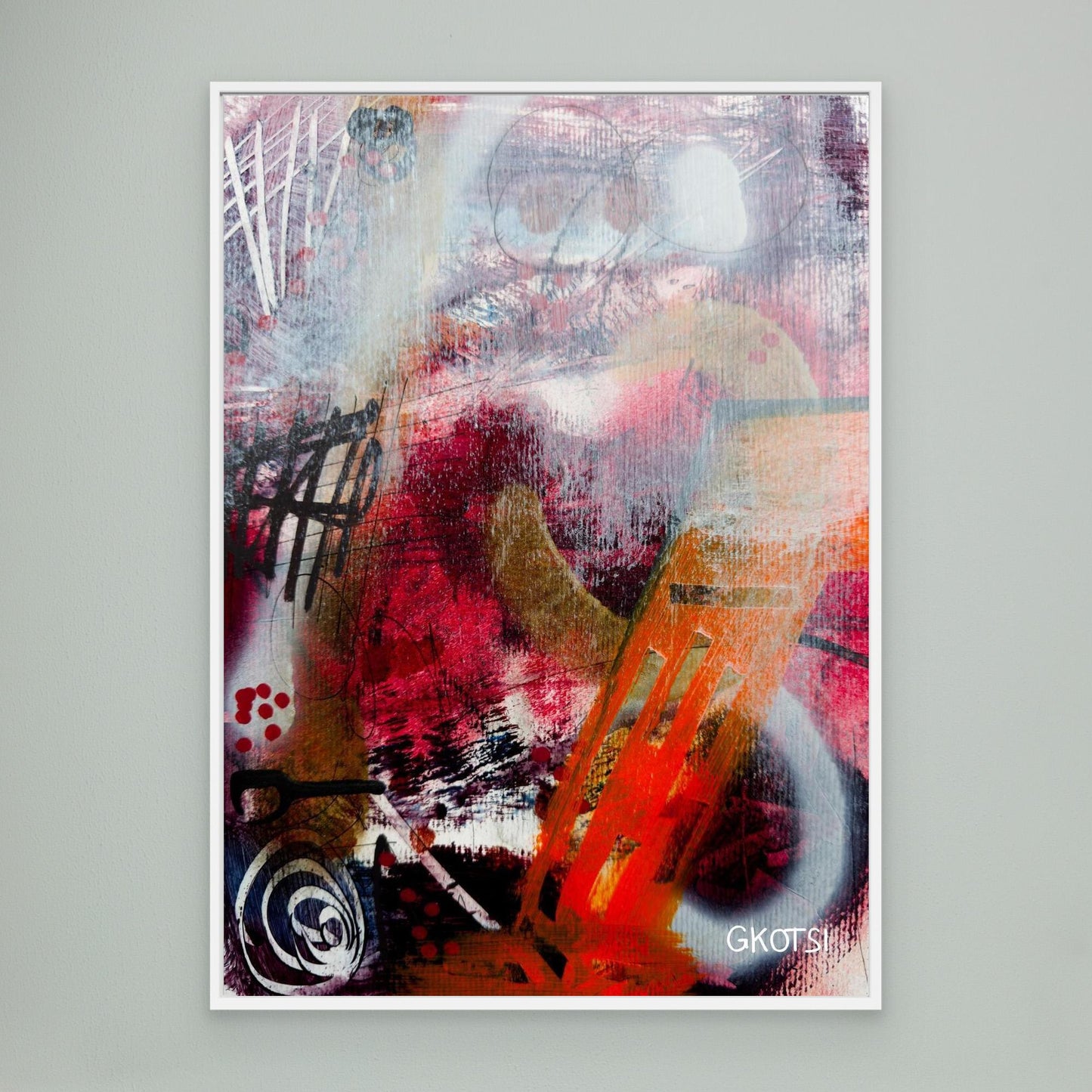 FEUER Abstract Canvas Print with white frame displayed on modern gray wall