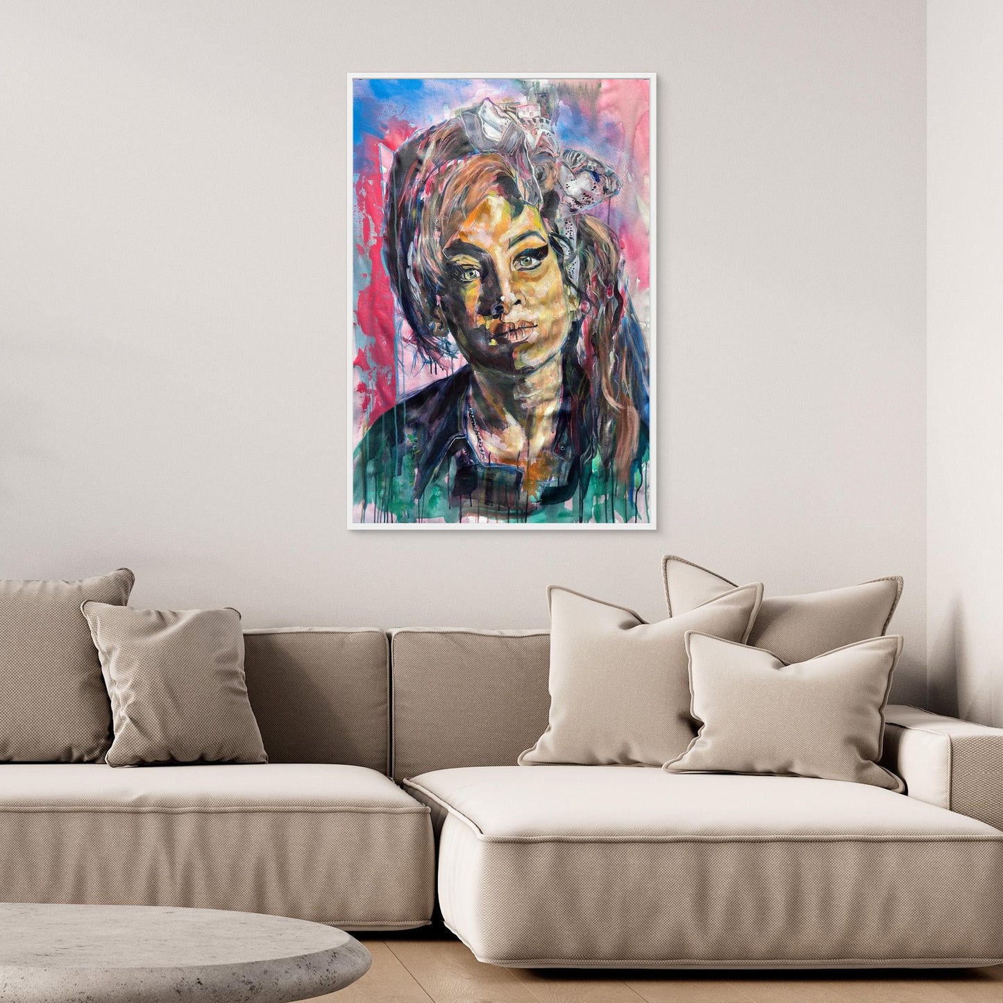 AMY WINEHOUSE 2 canvas print mounted above beige sofa in contemporary setting