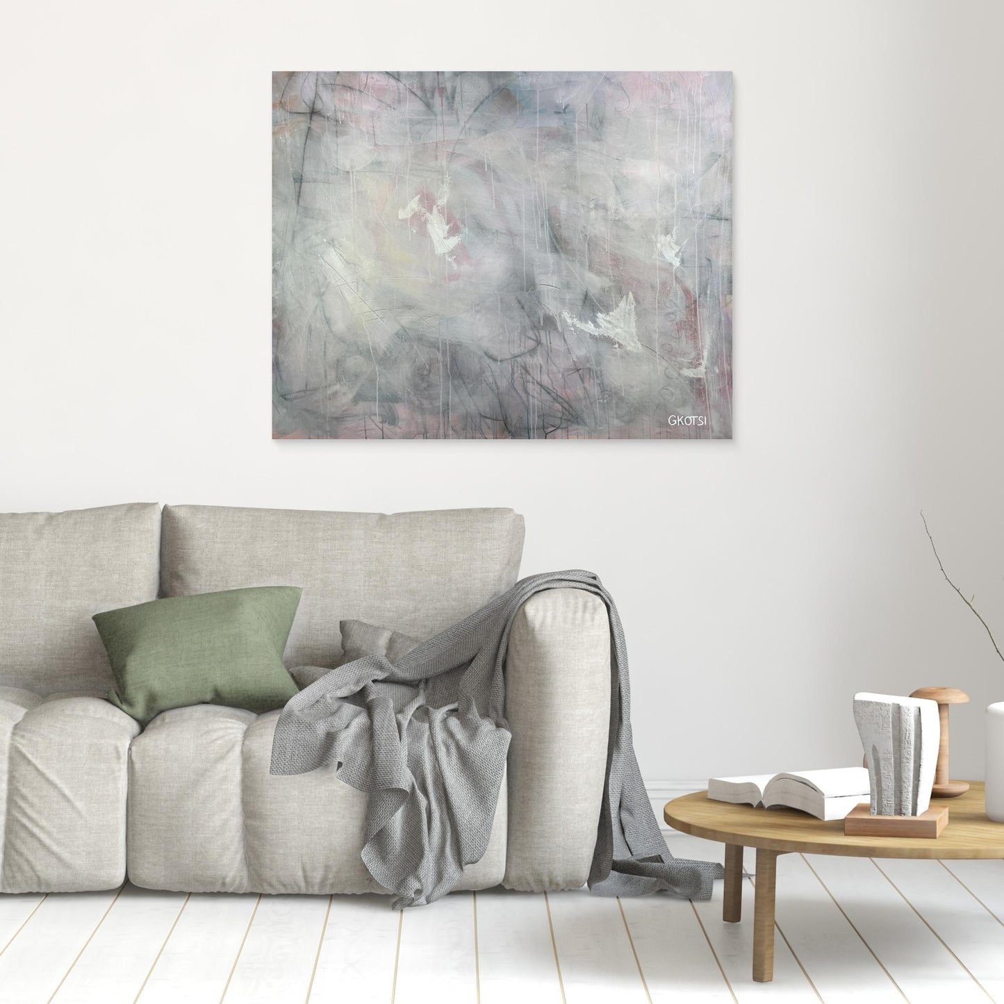 CALM Canvas Print as calming focal point above gray sofa - serene wall decoration