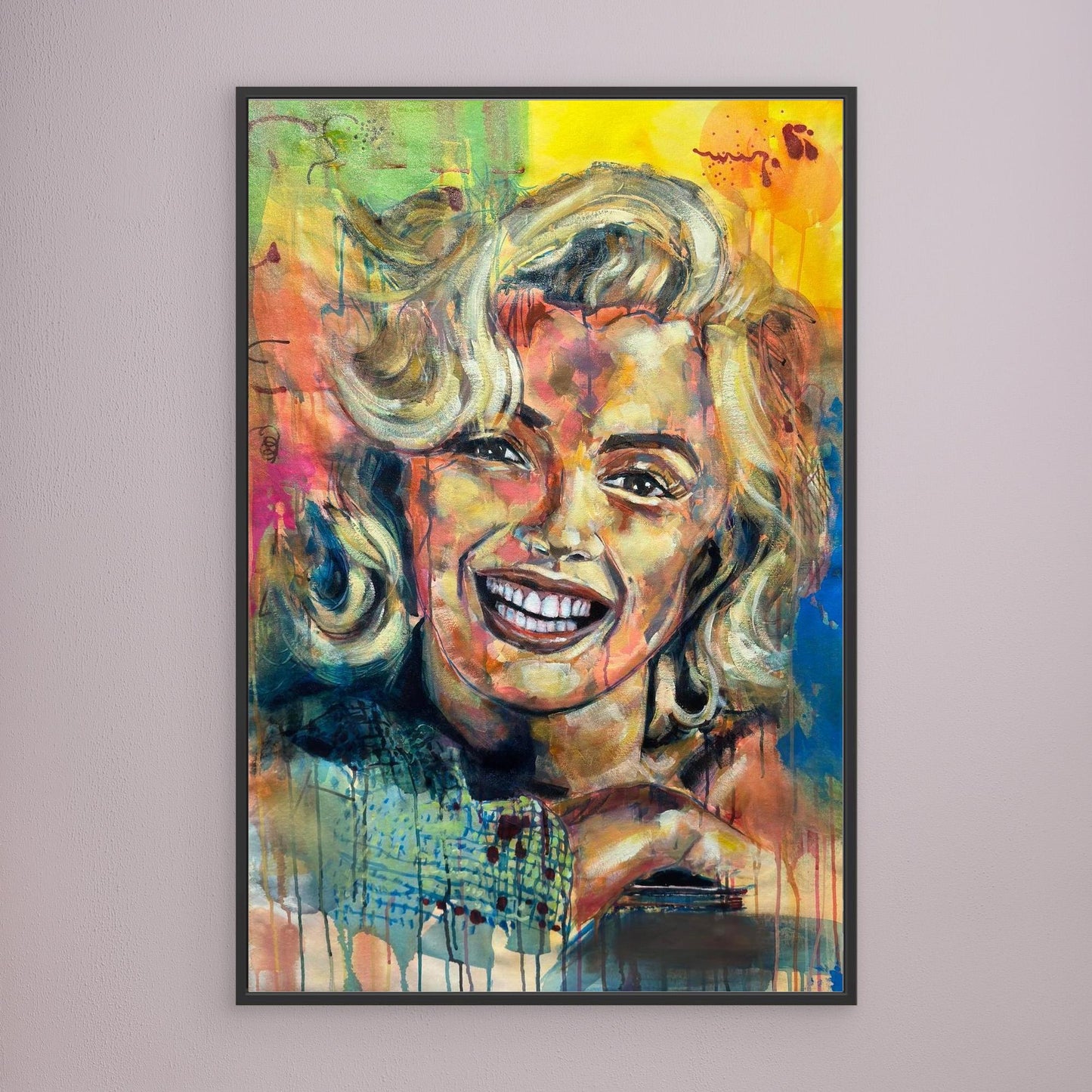 MARILYN MONROE 2 canvas print with black frame displayed on gray wall