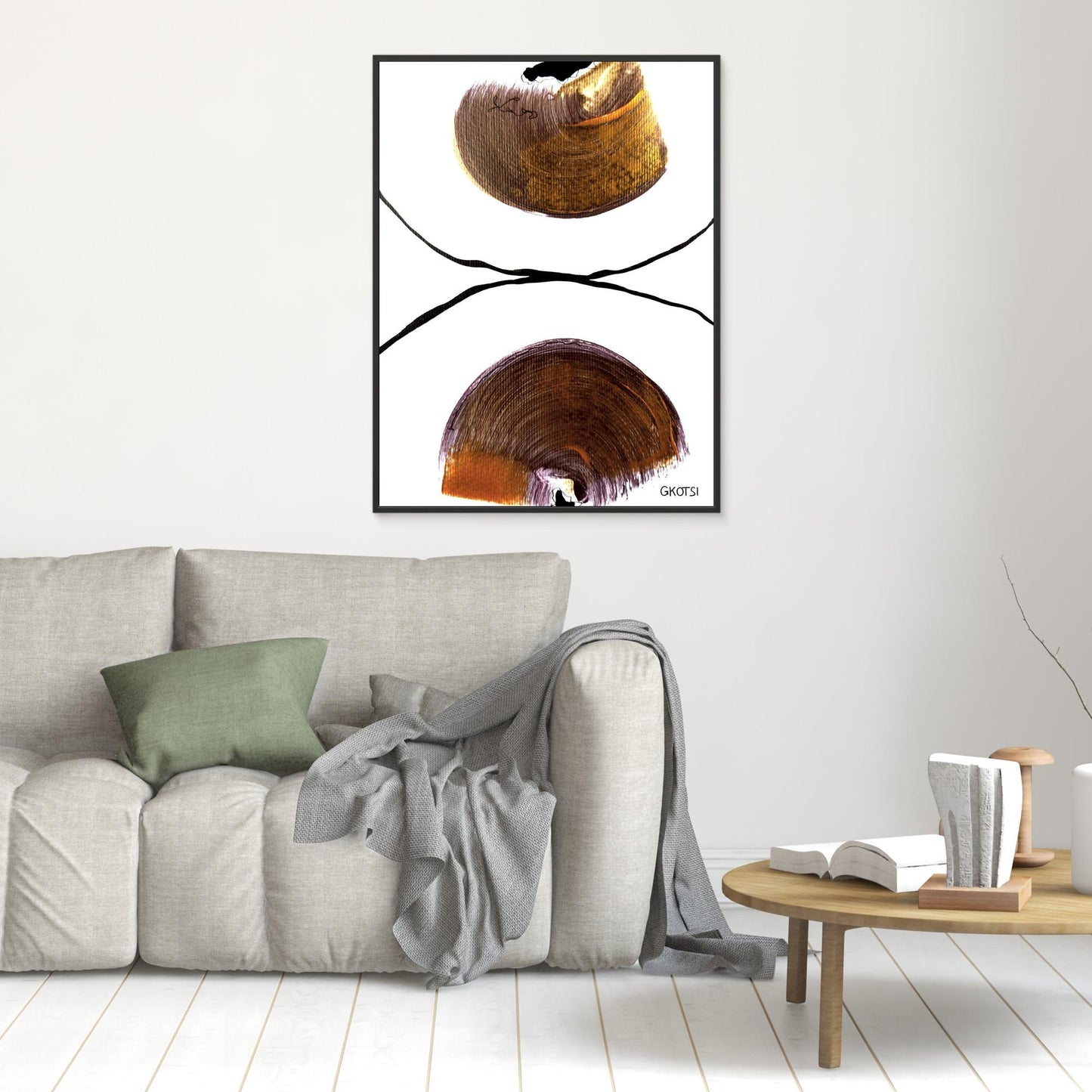 DIE HÄLFTE abstract canvas print as thought-provoking focal point above gray sofa
