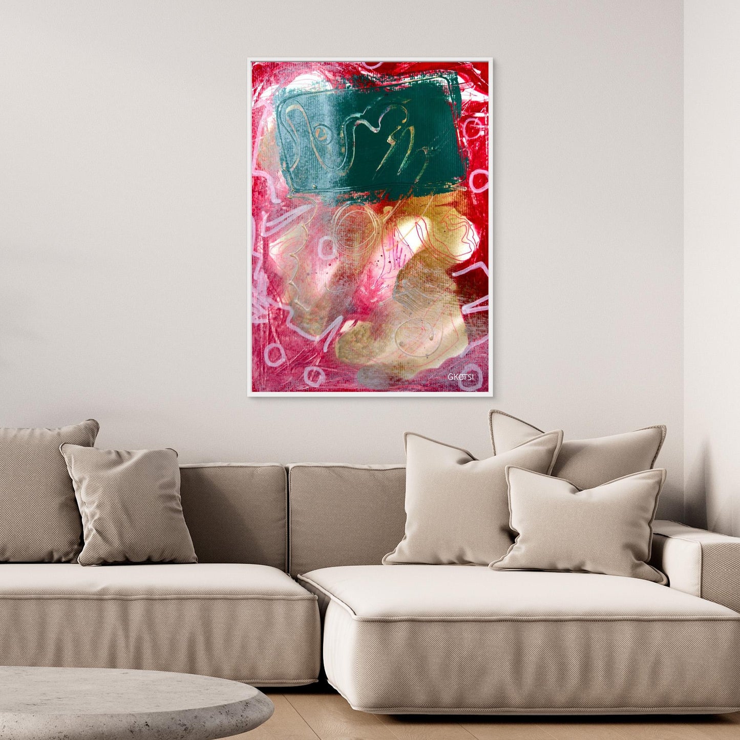 KECKSE KECKSE Abstract Canvas Print hanging above beige sofa in stylish interior setting