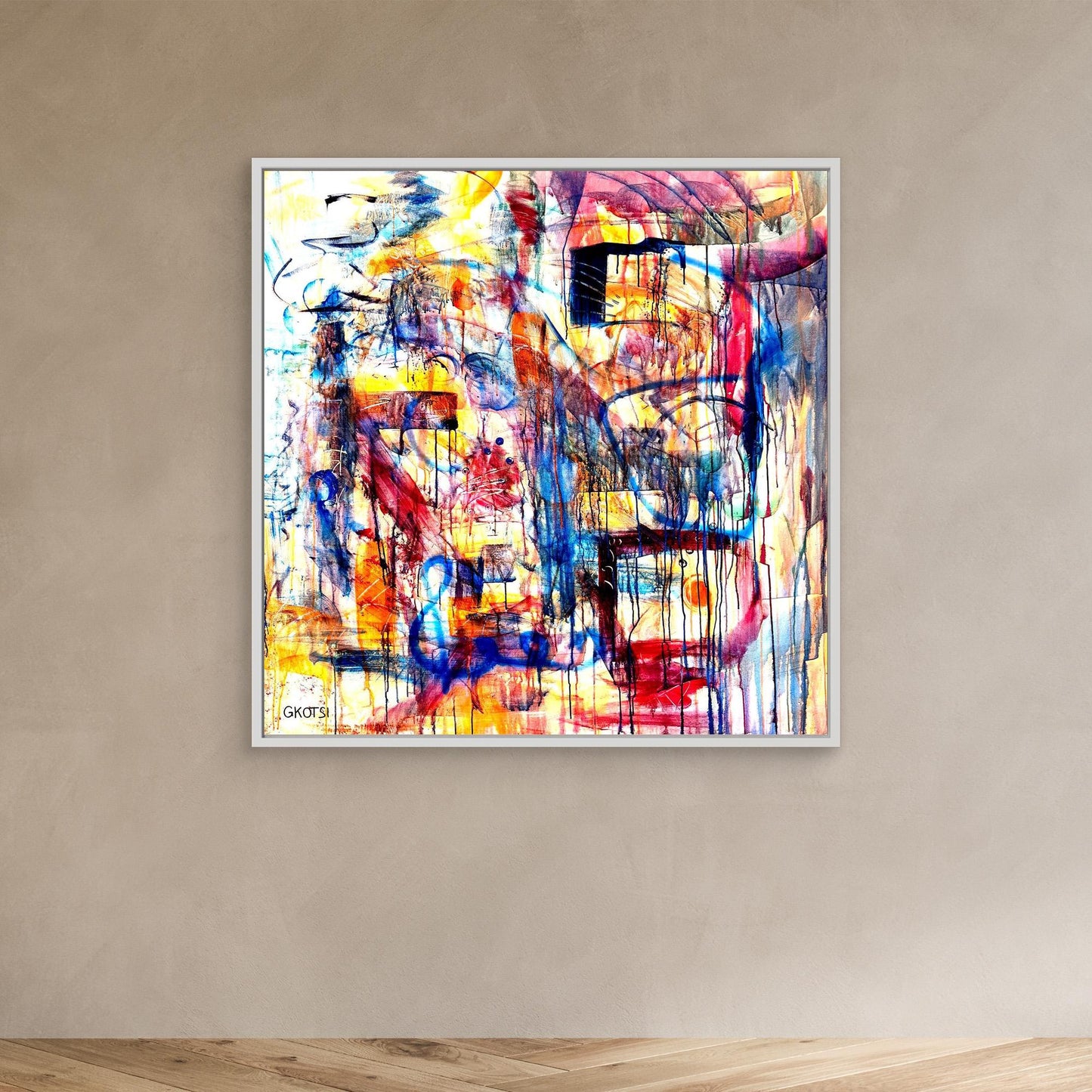 DISTRACTION Print with white frame creating vibrant atmosphere - dynamic room ambience