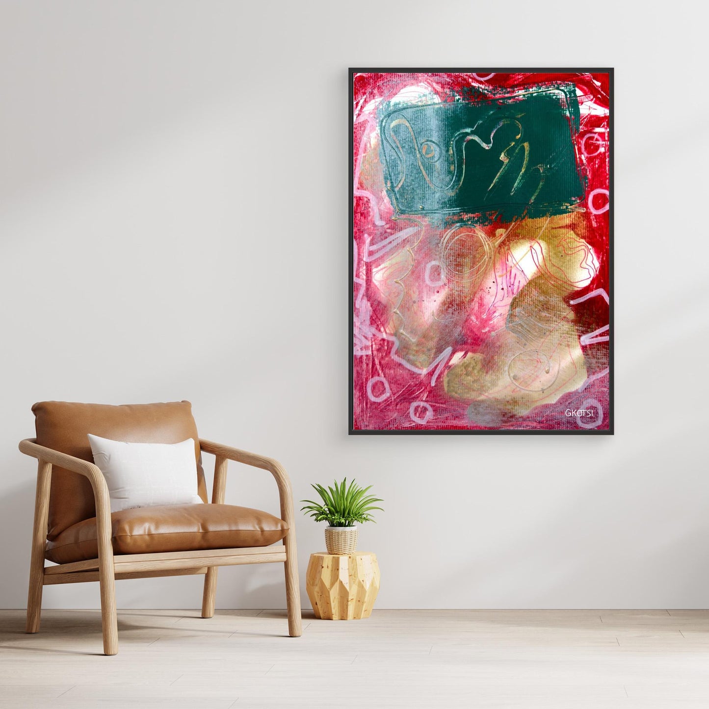 KECKSE Abstract Canvas Print displayed above decorative plant and modern chair in minimalist interior