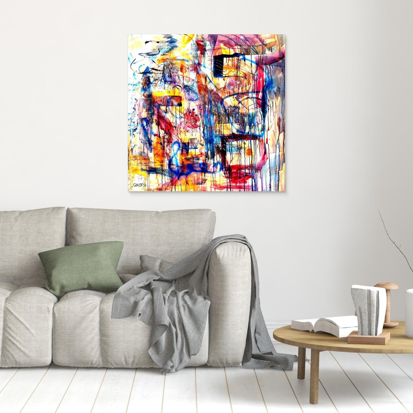 DISTRACTION Print as eye-catching focal point above gray sofa - vibrant wall decoration