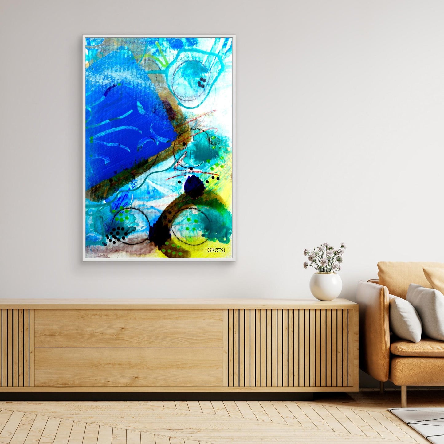 UNTER WASSER Abstract Canvas Print hanging over console table with small plant