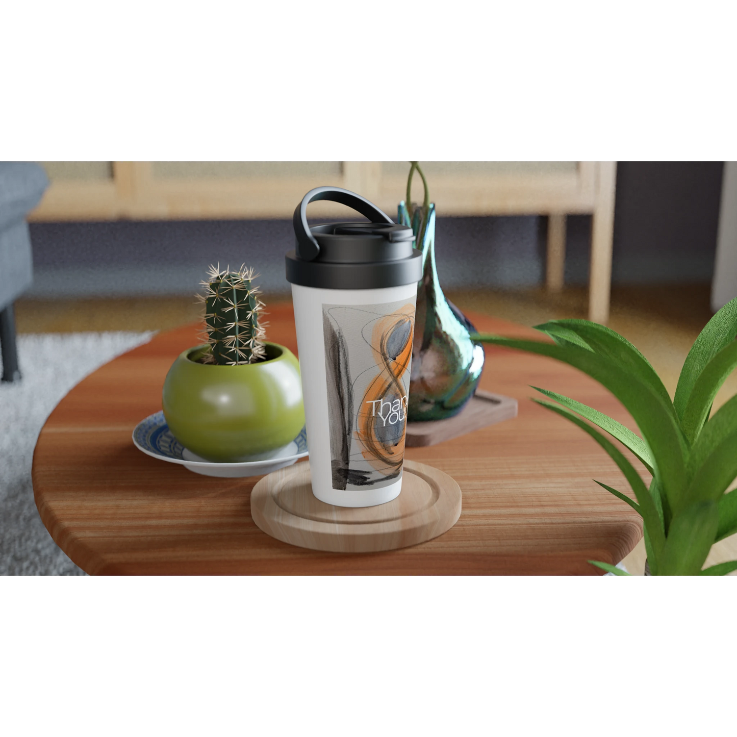 SHINY SUN White 15oz Stainless Steel Travel Mug on small table thank you design