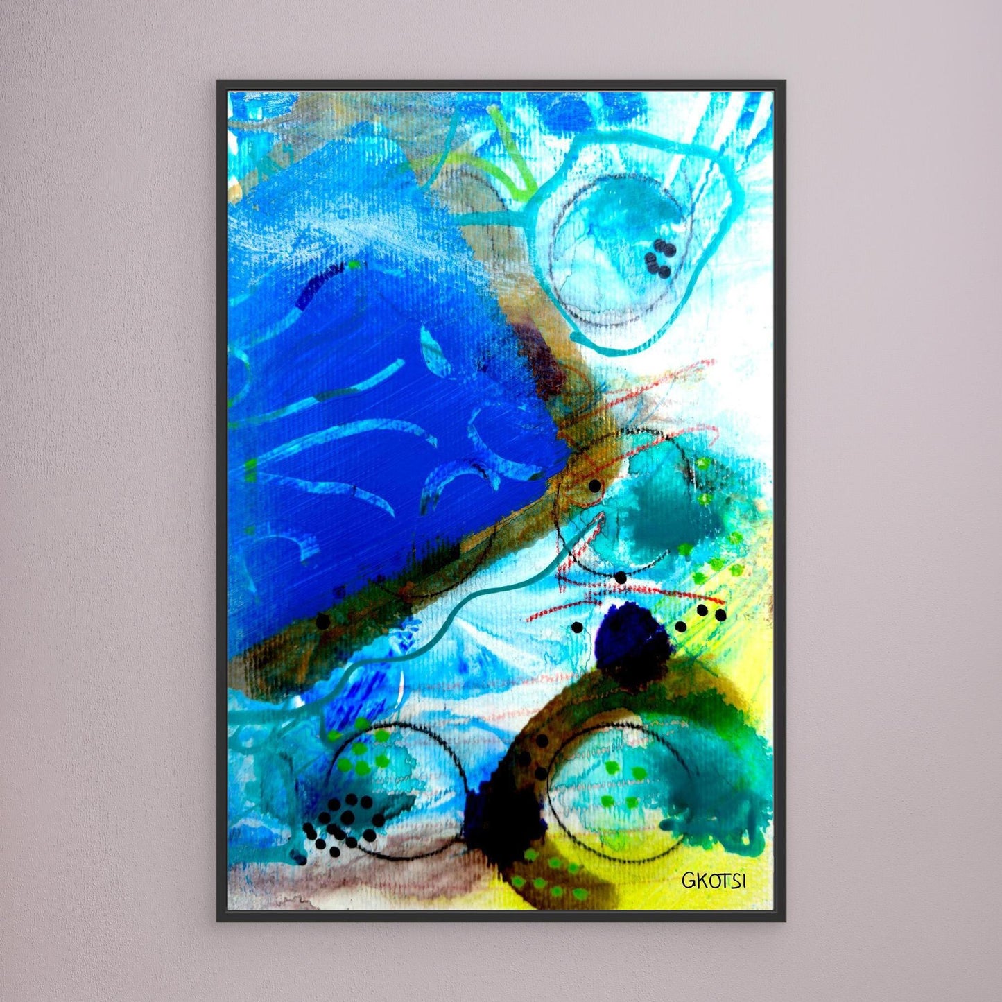 UNTER WASSER Abstract Canvas Print with black frame displayed on modern gray wall