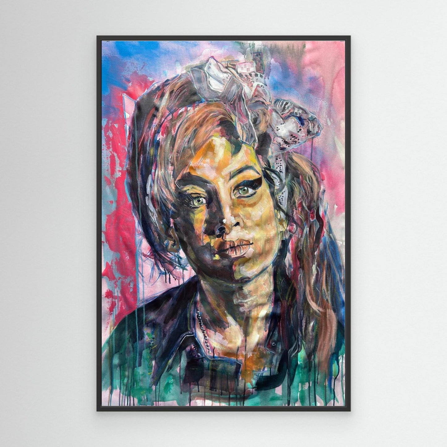 AMY WINEHOUSE 2 canvas print balck frame displayed on wall