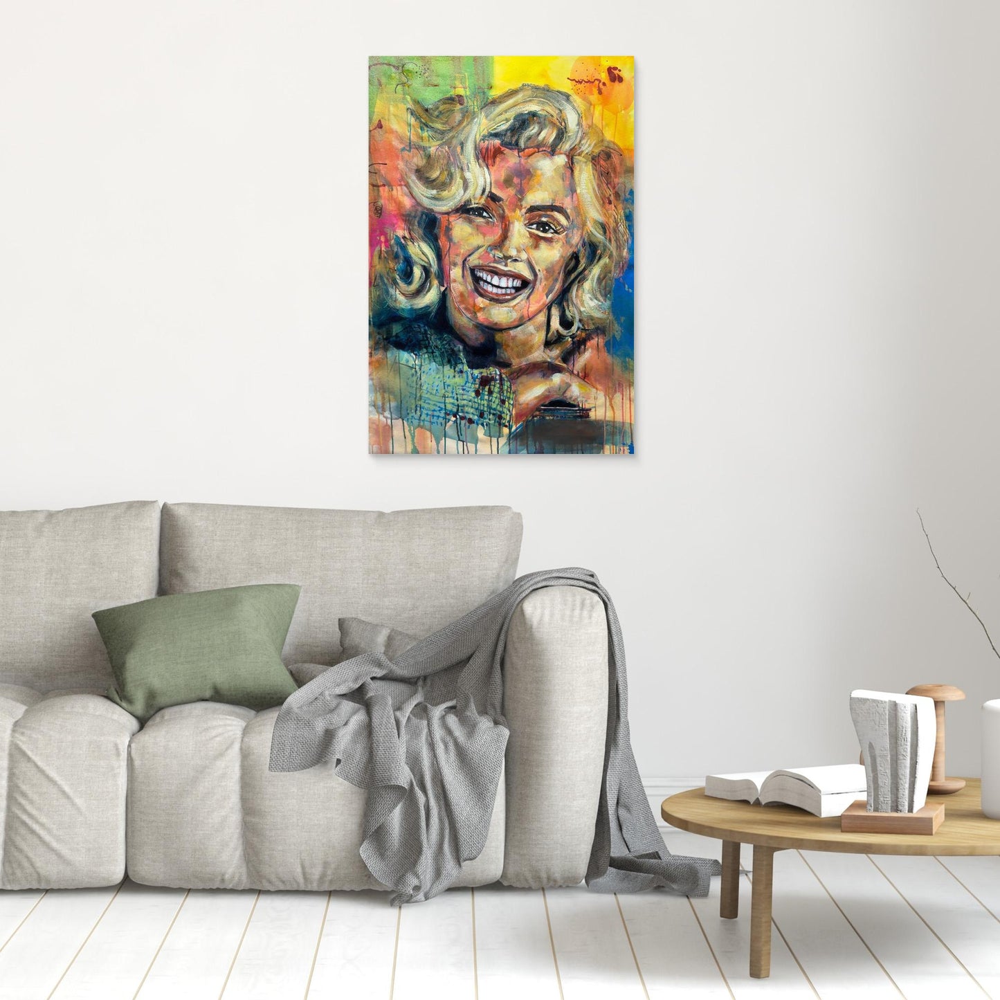 MARILYN MONROE 2 canvas art hanging above gray sofa