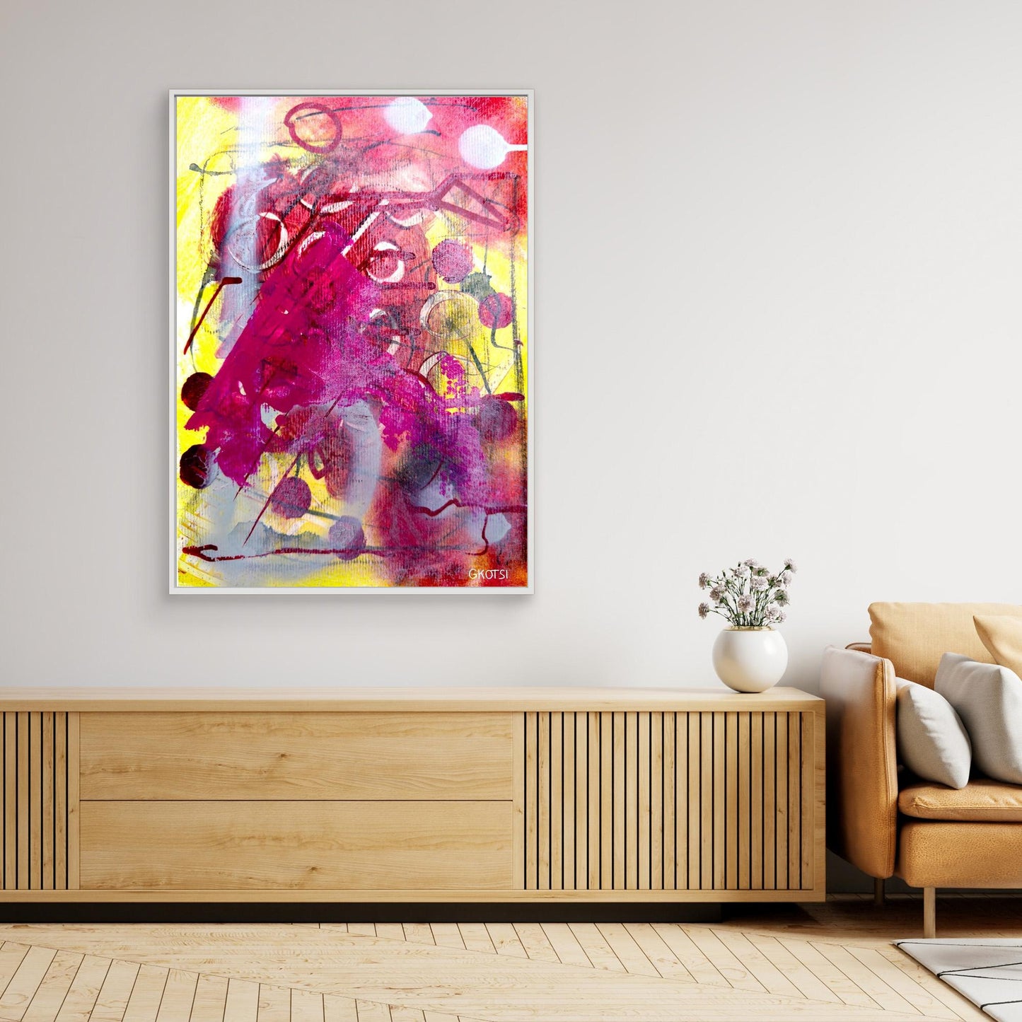MORGENSTUNDE Abstract Canvas Print displayed above wooden sideboard with decorative plant