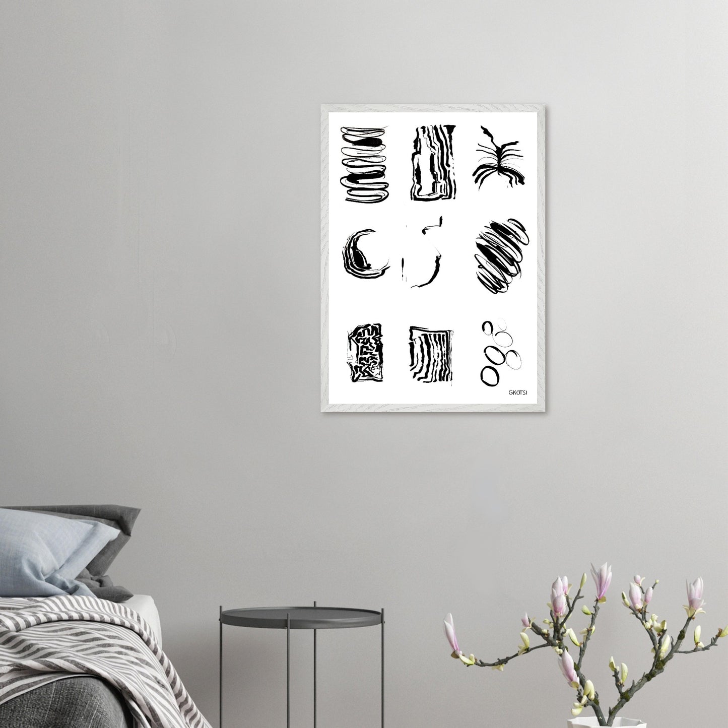 ABSTRACT FEELINGS Wall Art Set Poster Print 9X above bed with flower vase in bedroom