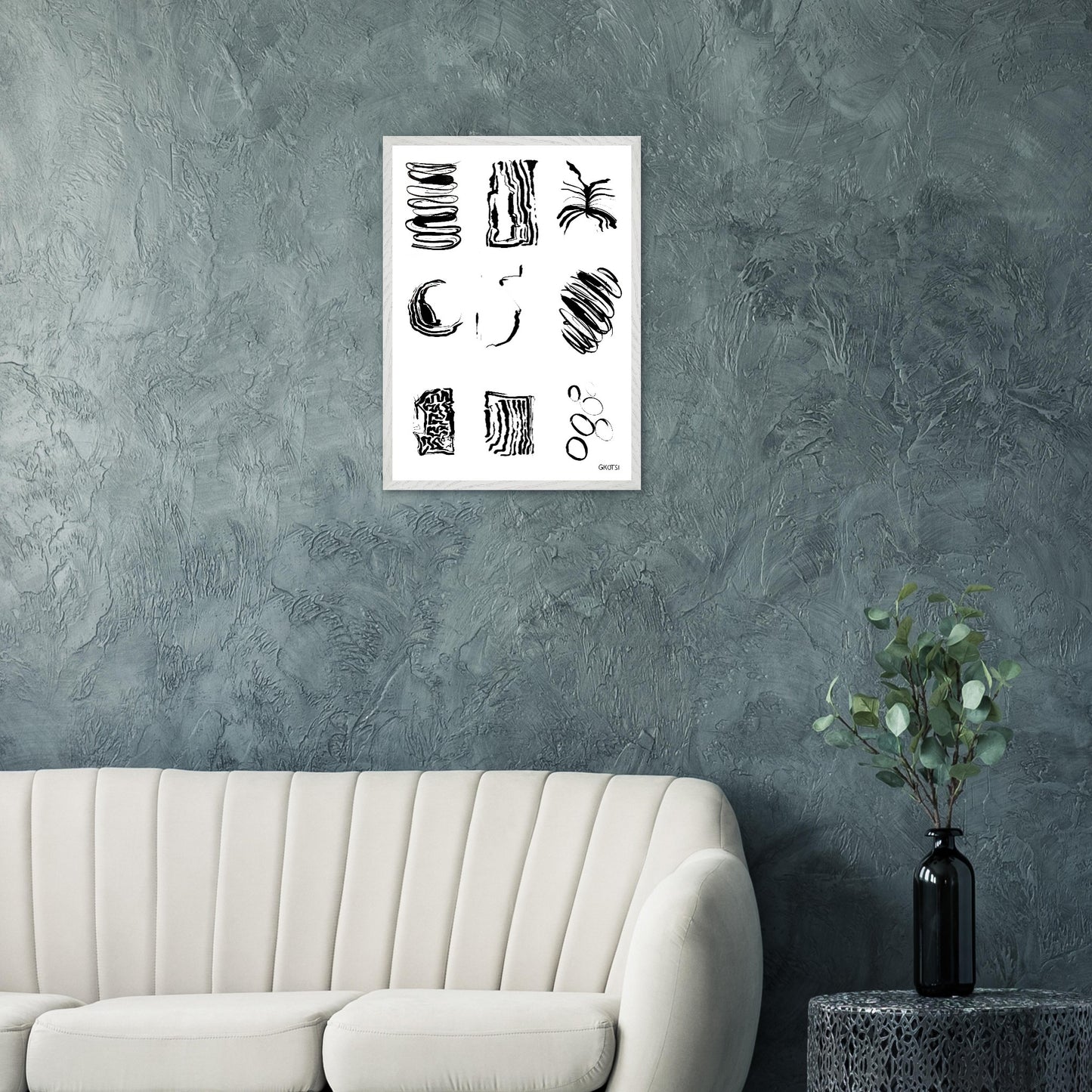 ABSTRACT FEELINGS Wall Art Set Poster Print 9X above grey sofa in living room