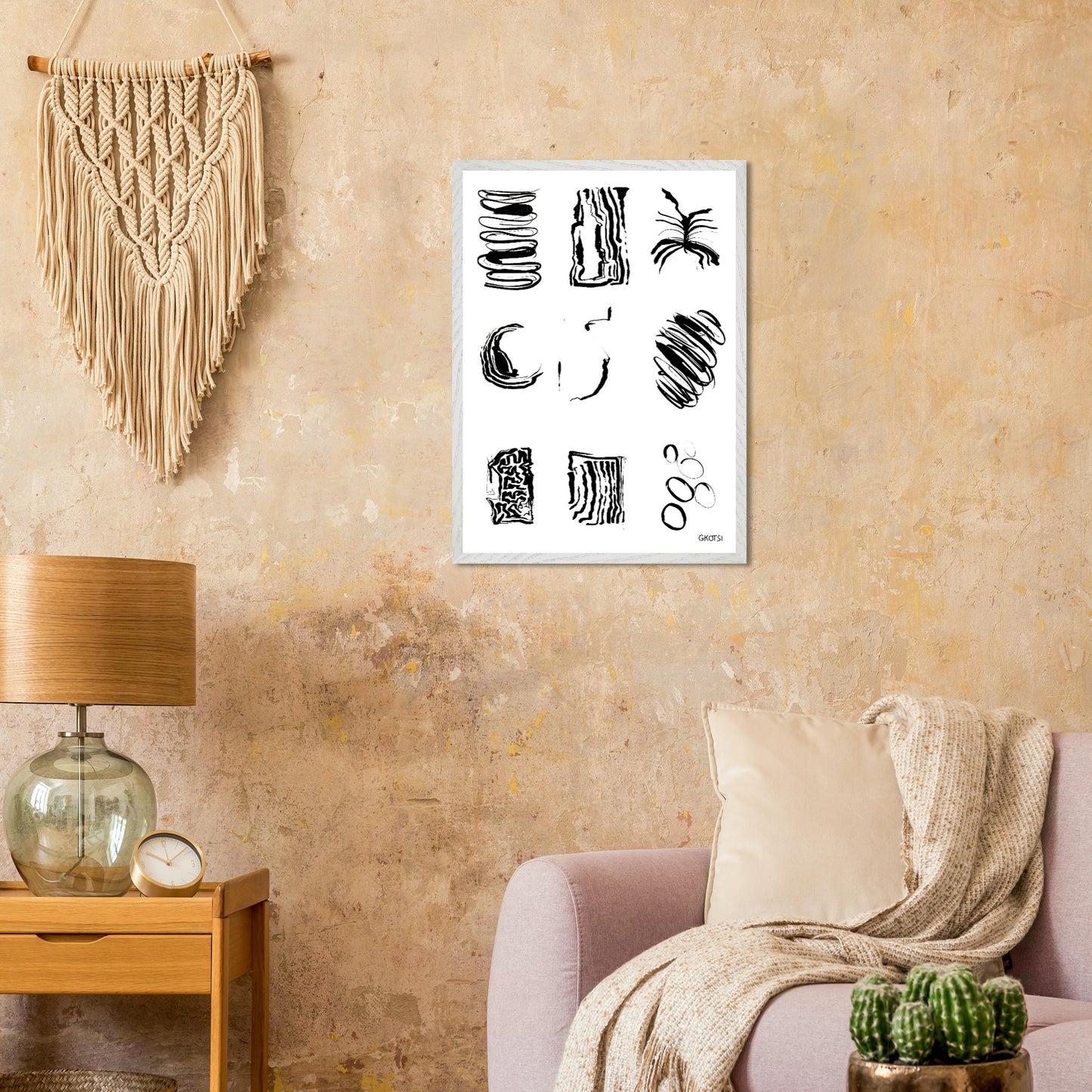 ABSTRACT FEELINGS Wall Art Set Poster Print 9X in light brown living room interior