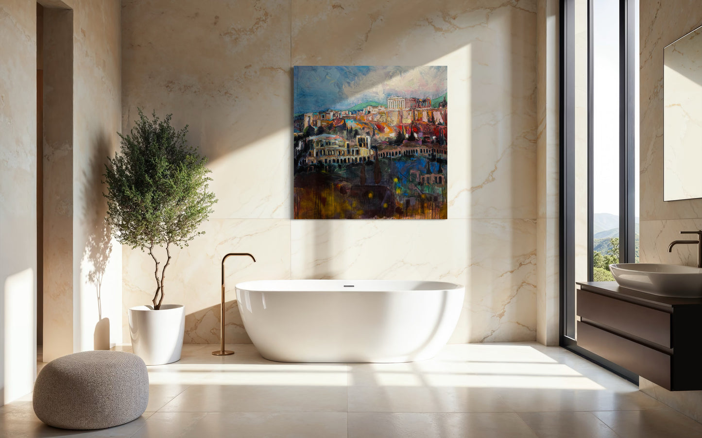 Acropolis Greece Original Painting in luxurious marble stone bathroom