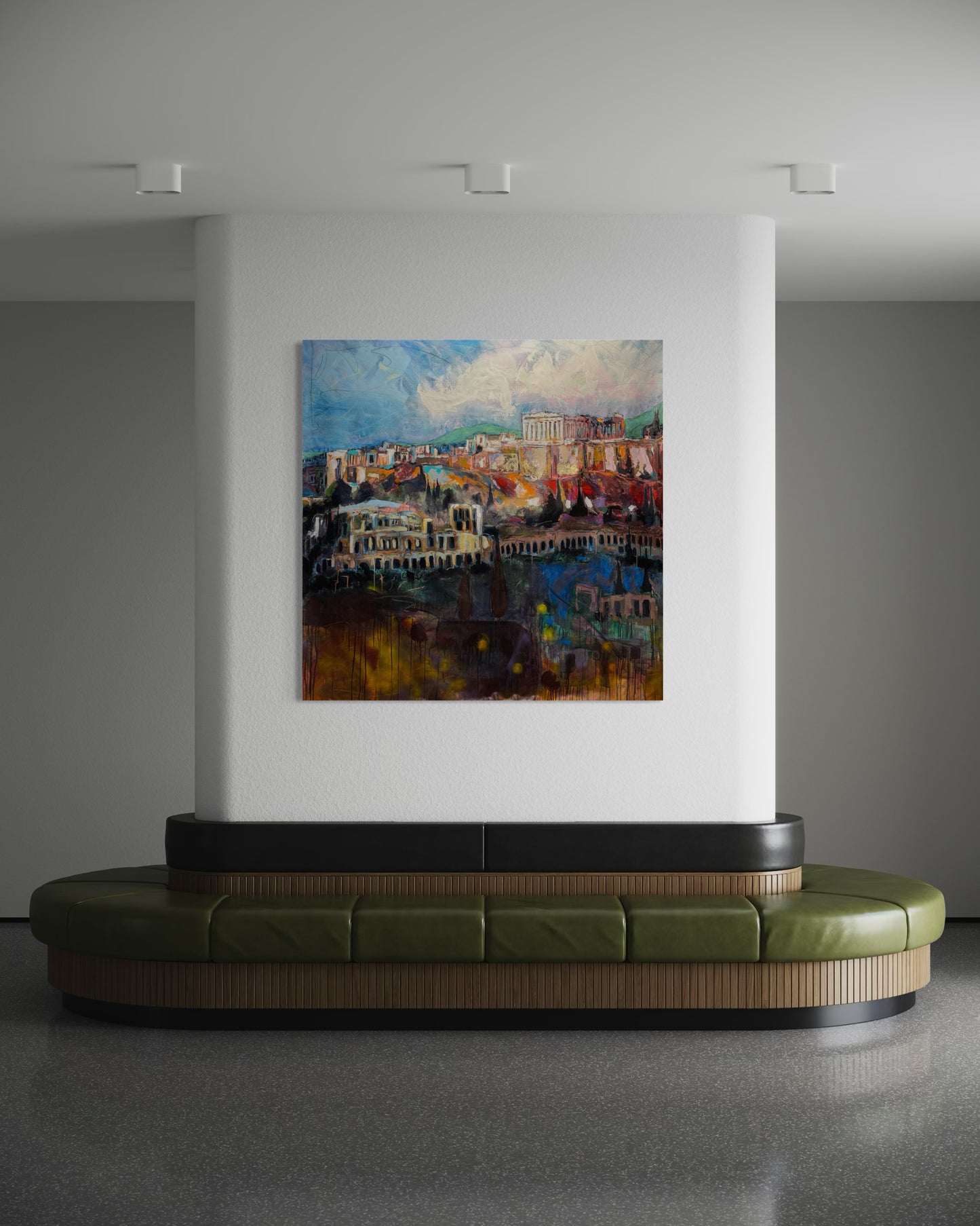Acropolis Greece Original Painting on a column wall with roud couch