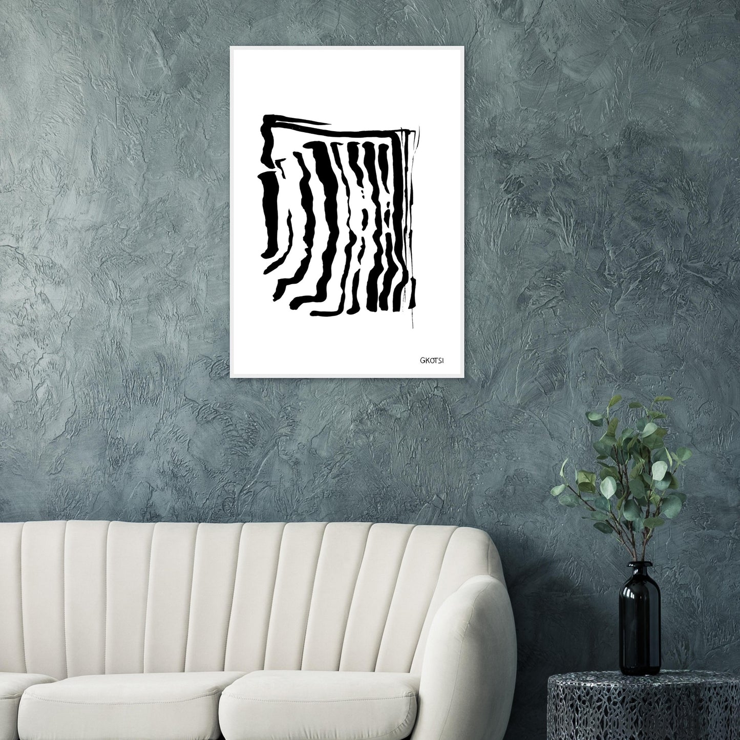 ADAPTING poster print above grey sofa in living room