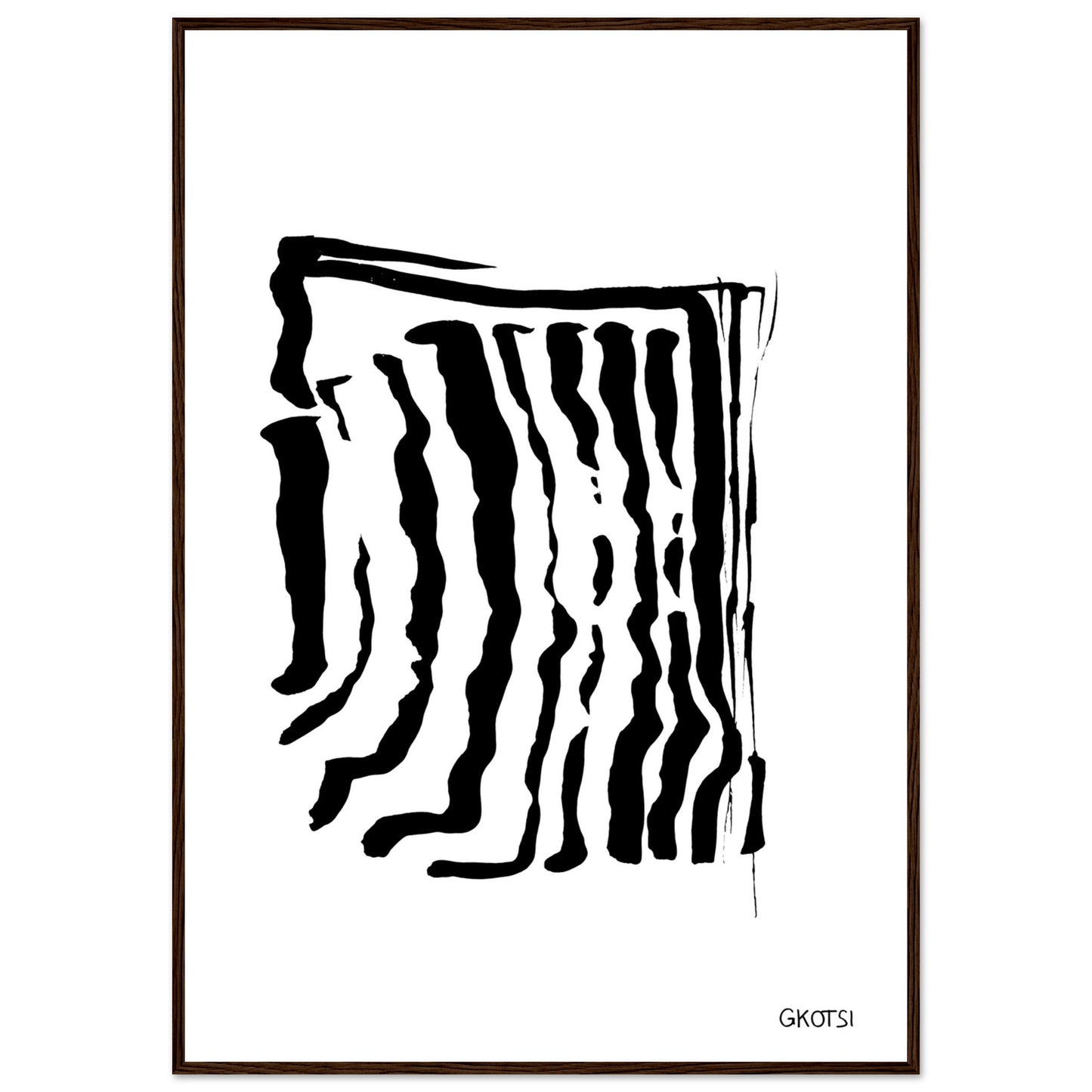 ADAPTING poster print on white wall with black frame highlighting fluid abstract forms