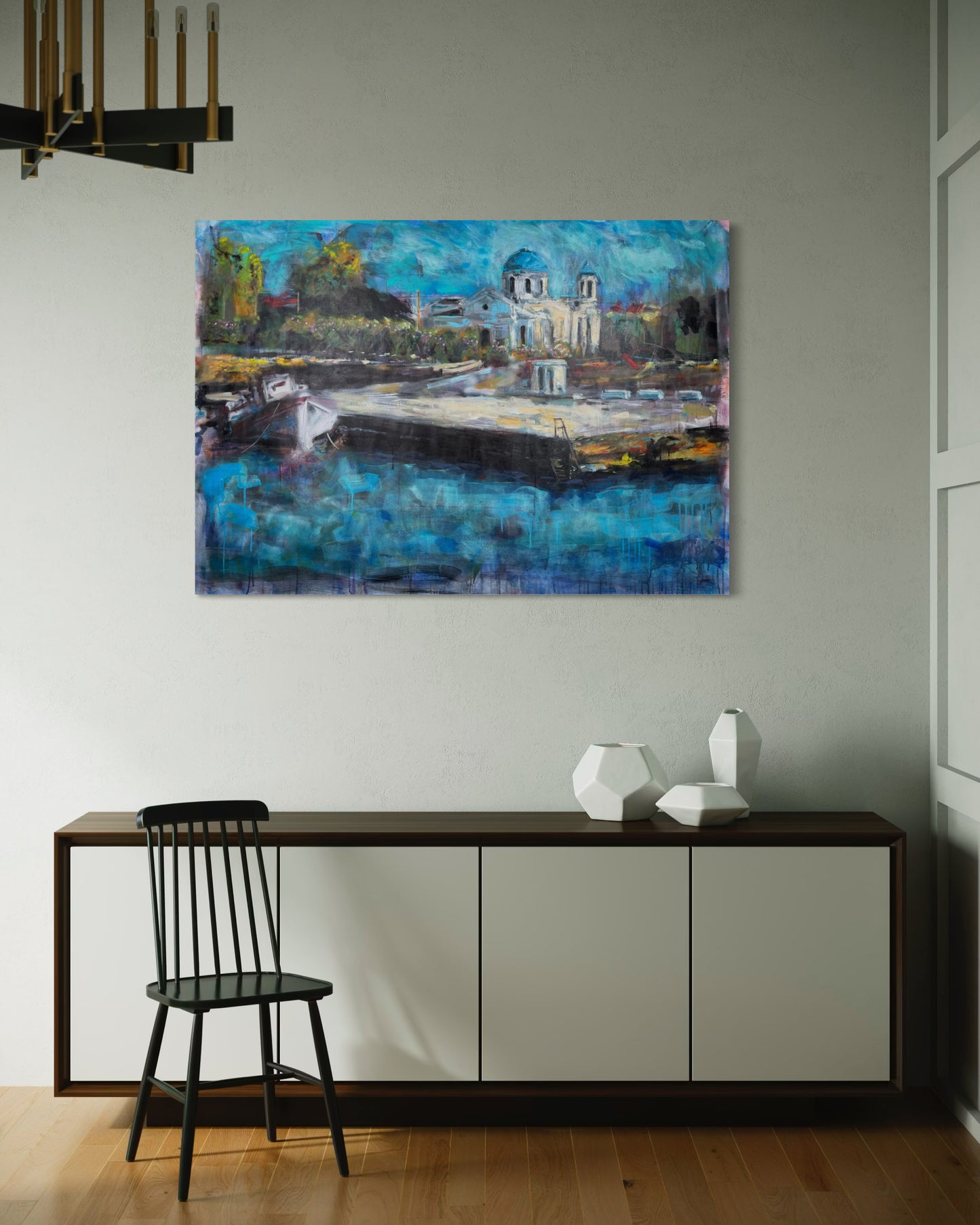 Agrili Home Greece Original Painting above elegant wooden dresser