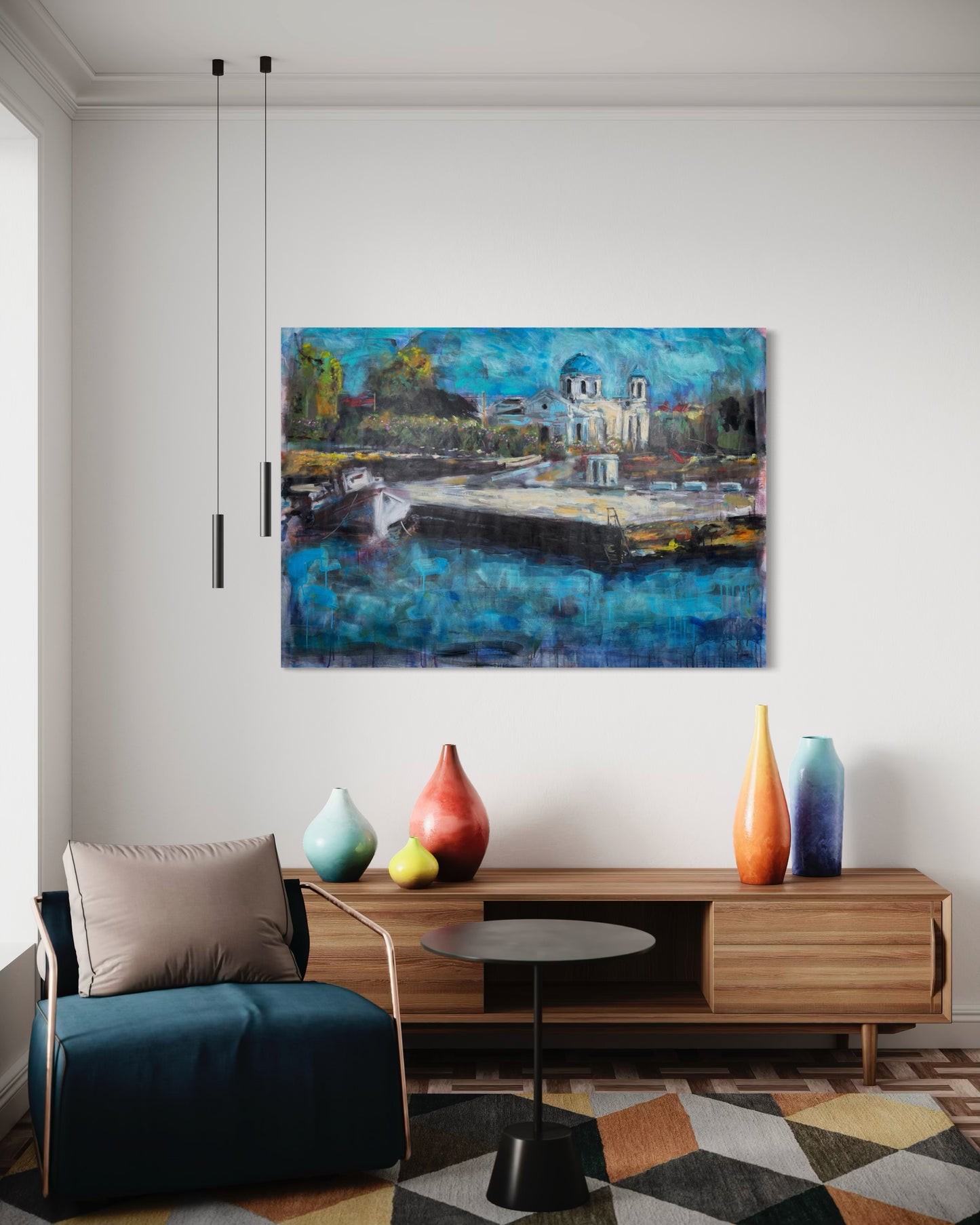 Agrili Home Greece Original Painting above stylish wooden dresser