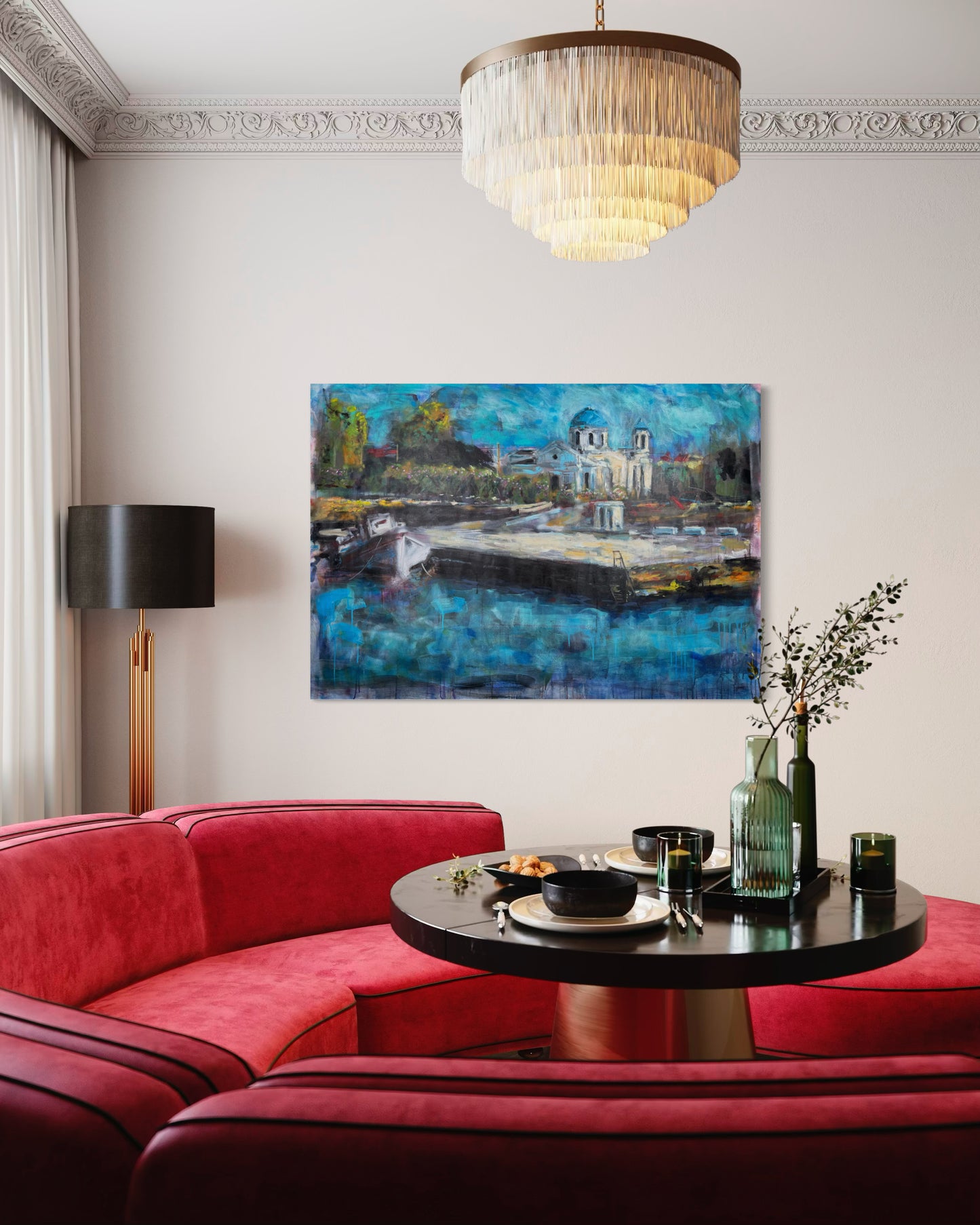 Agrili Home Greece Original Painting with red large round couch