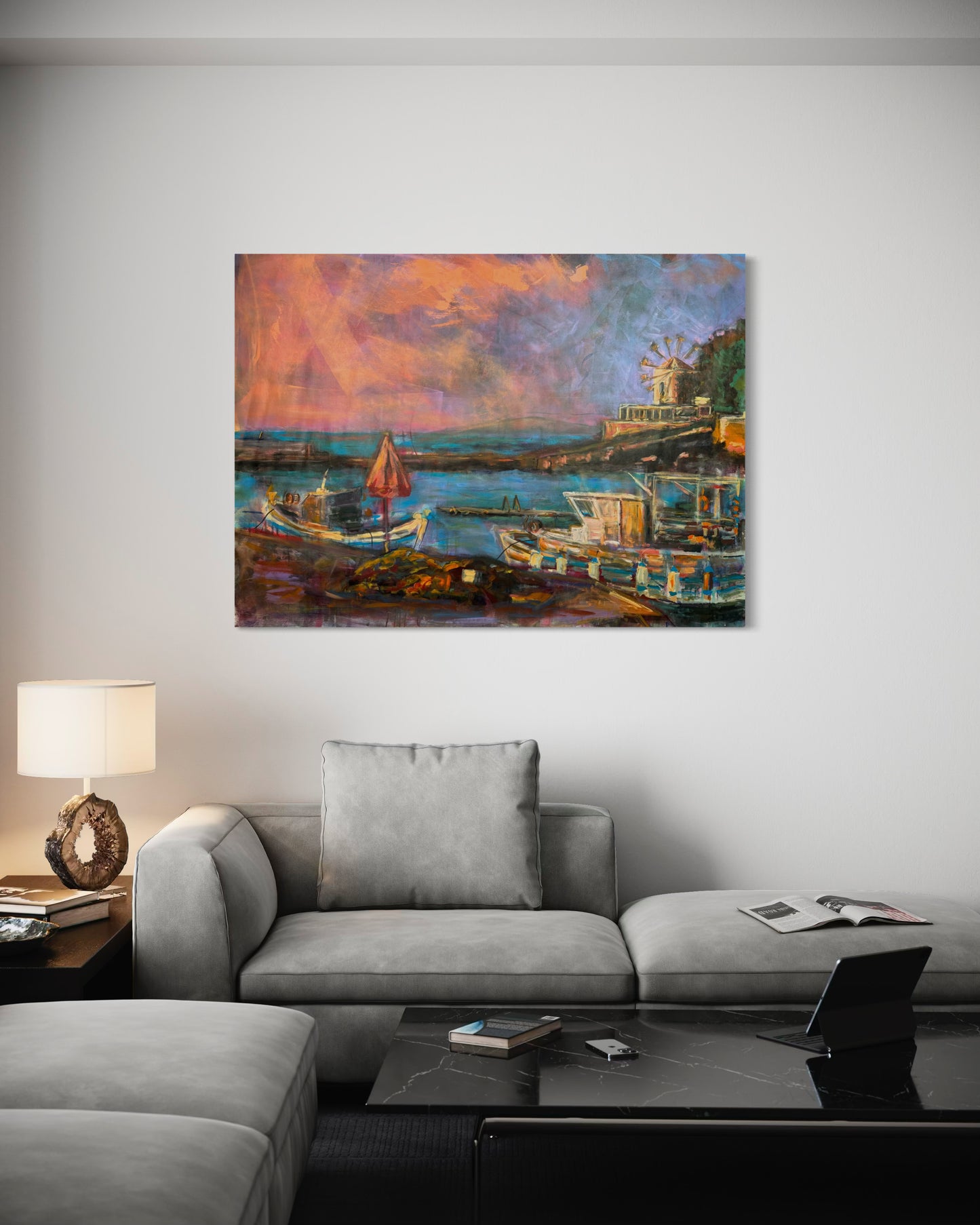 Agrili Nostalgia Greece Original Painting above gray couch
