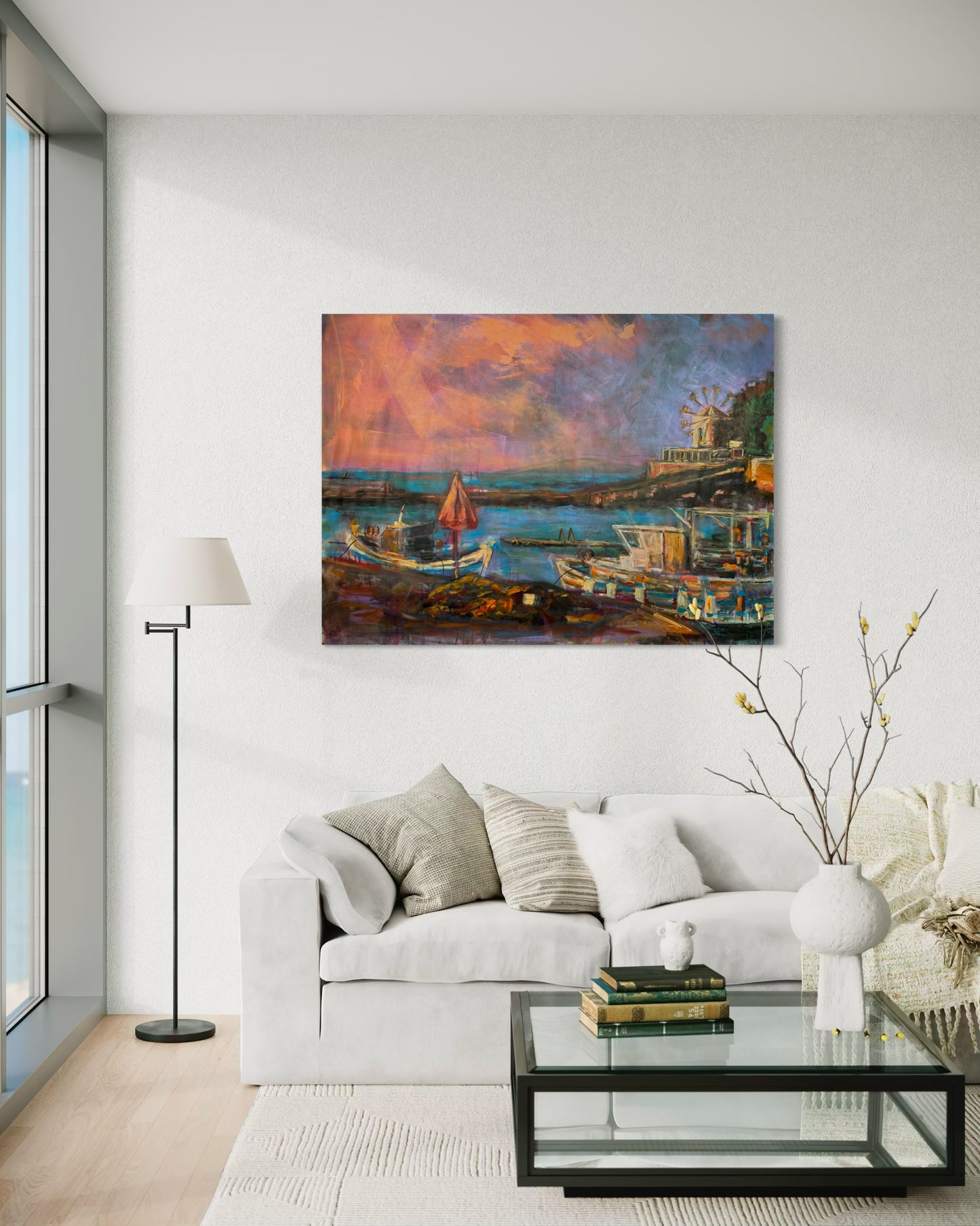 Agrili Nostalgia Greece Original Painting above white sofa