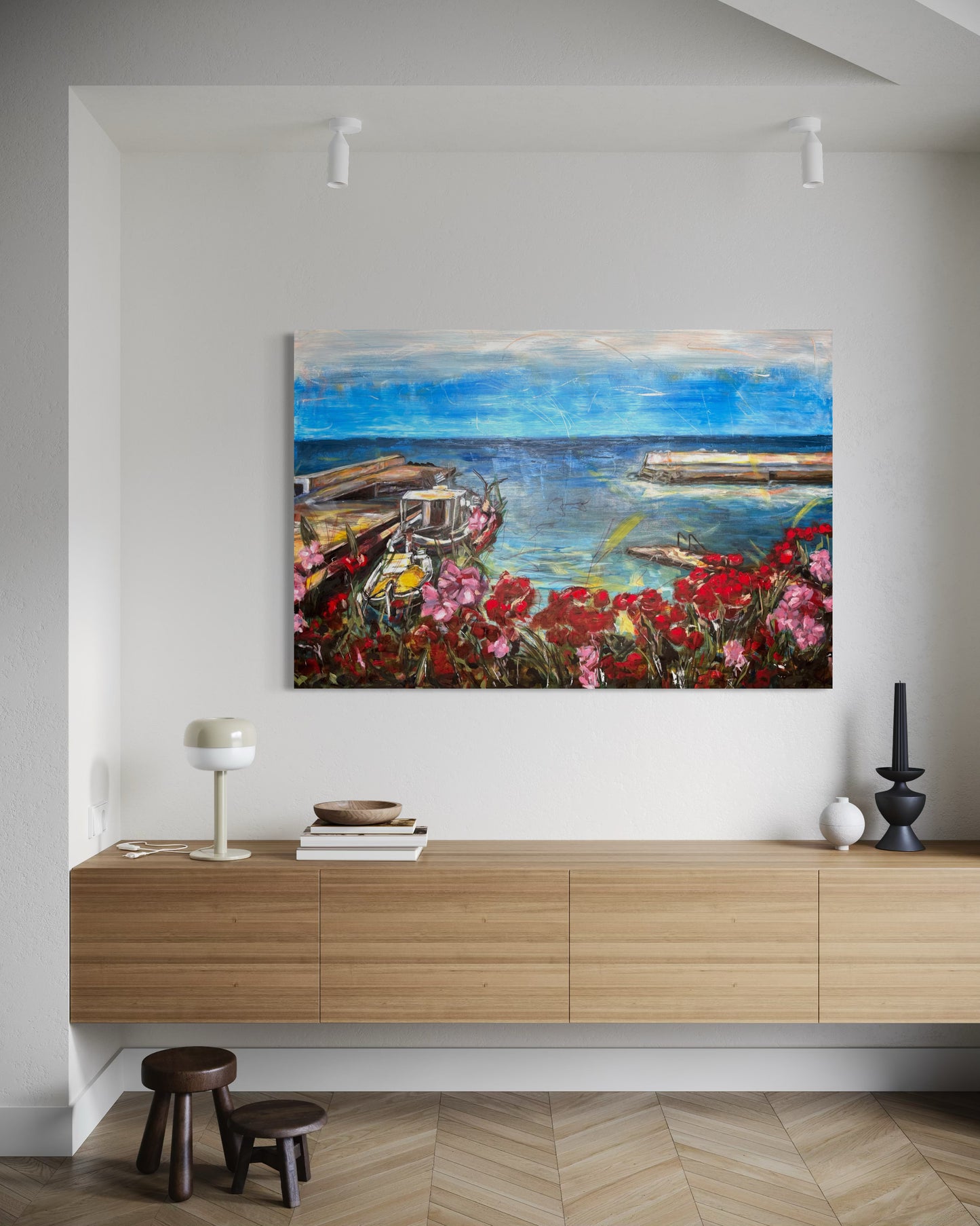 Agrili Summer Greece Original Painting above stylish light brown dresser