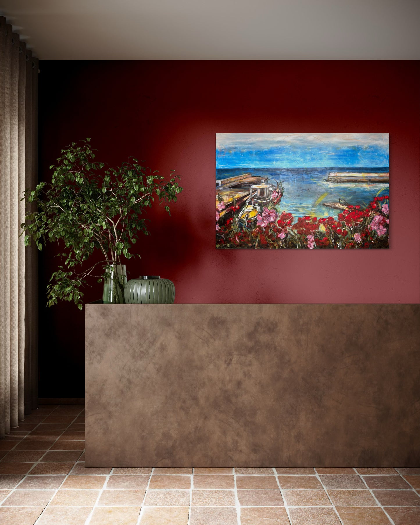 Agrili Summer Greece Original Painting above reception with red wall