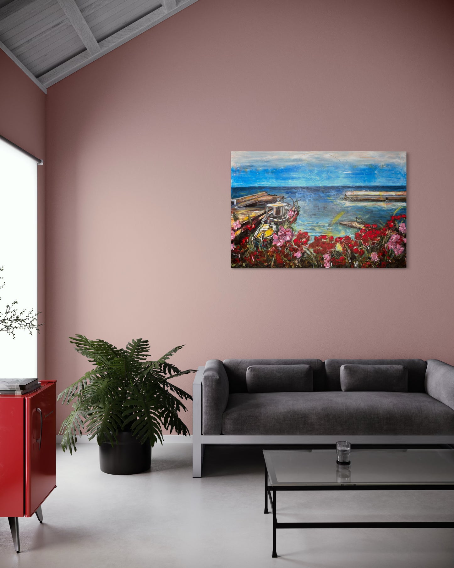 Agrili Summer Greece Original Painting in loft apartement with pink wall