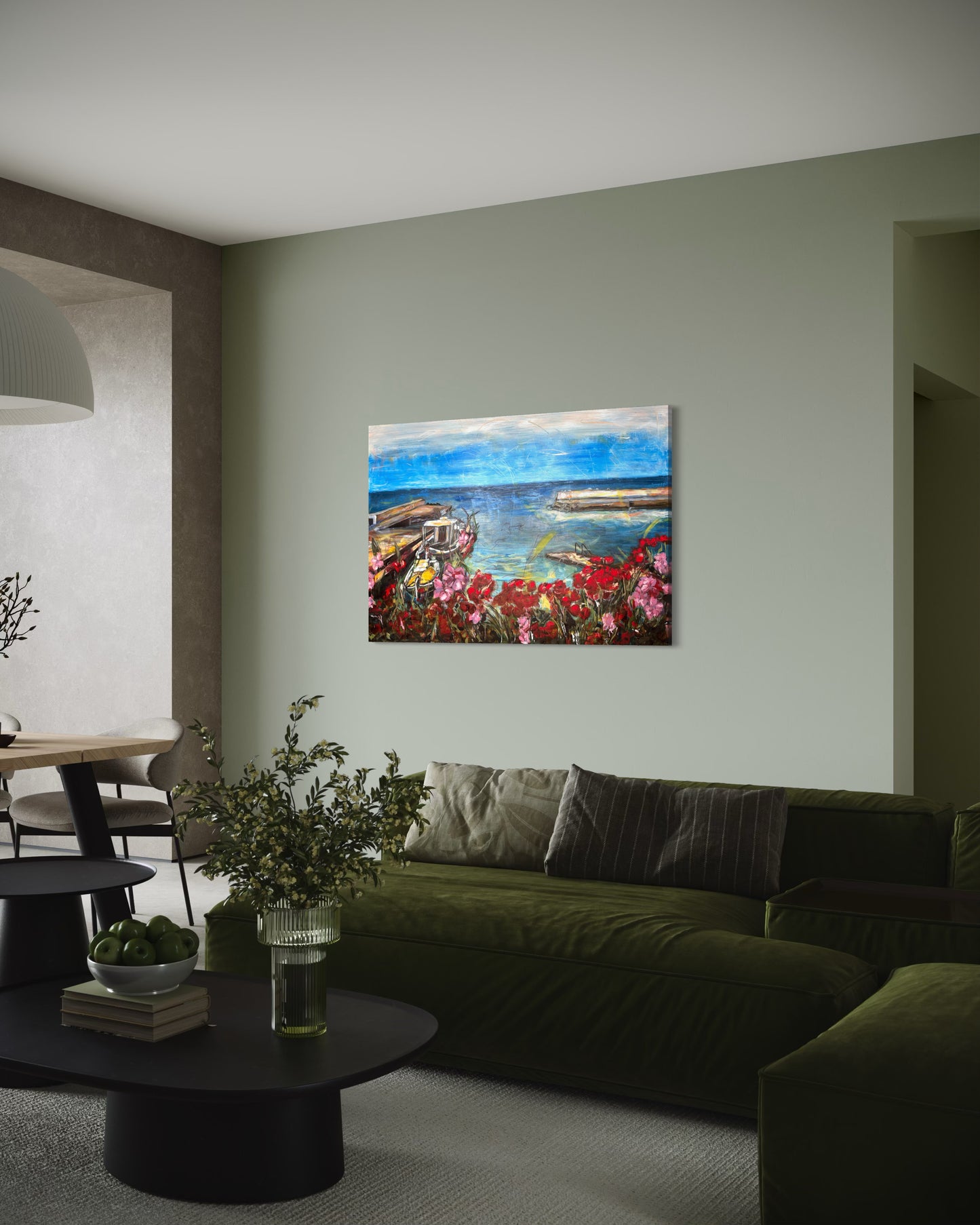 Agrili Summer Greece Original Painting in living room with green interior design