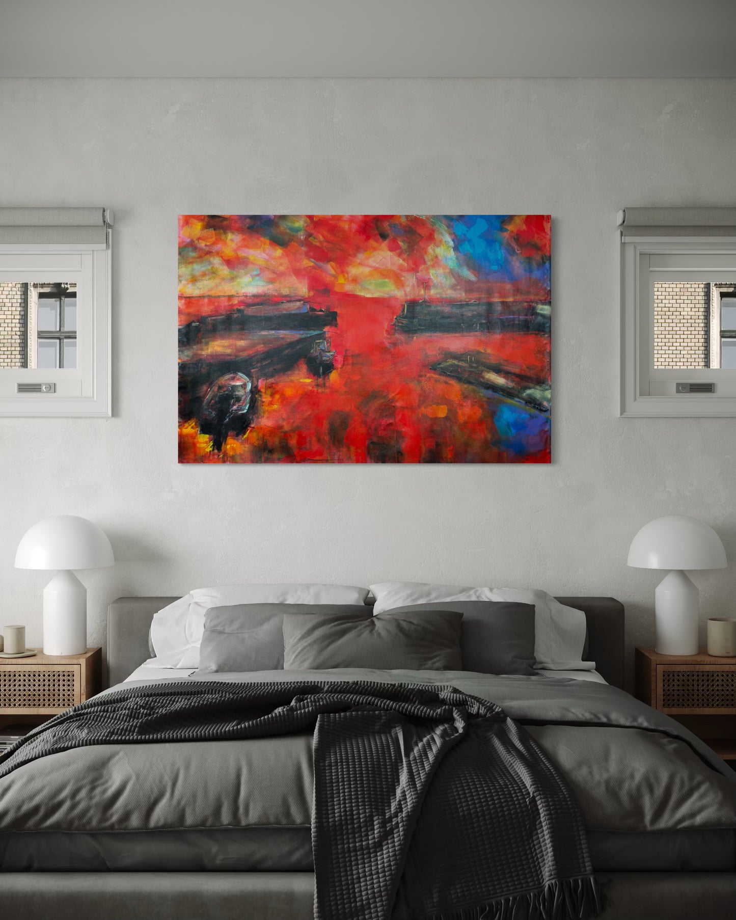 Agrili Magic Greece Original Painting above master bed in gray tone
