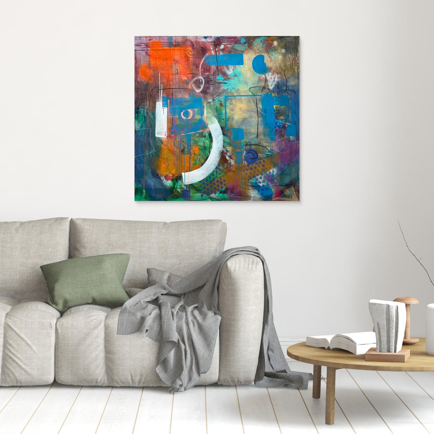 ALWAYS HERE abstract canvas print above gray sofa in modern living room