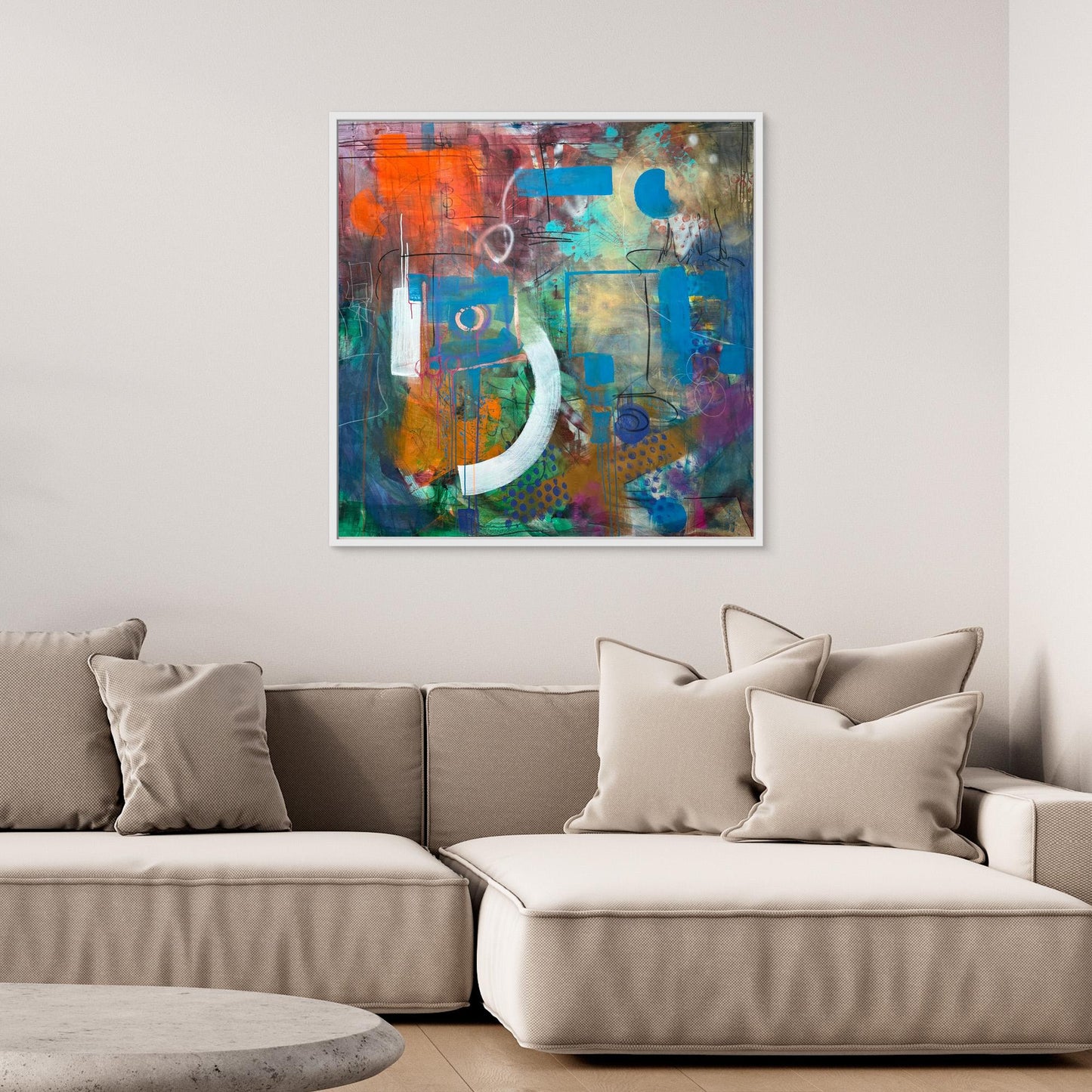ALWAYS HERE abstract canvas print in minimal living room above beige couch