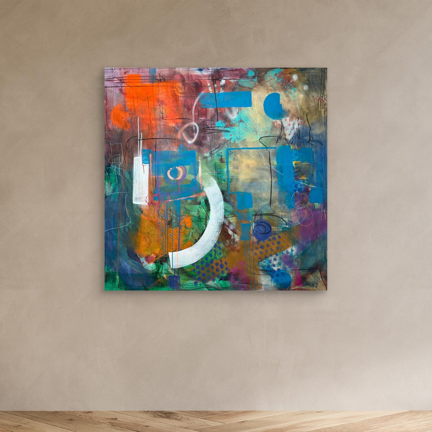 ALWAYS HERE abstract canvas print on beige wall in minimal room