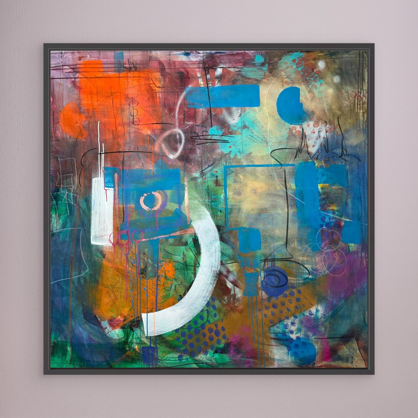 ALWAYS HERE abstract canvas print with black frame on gray wall