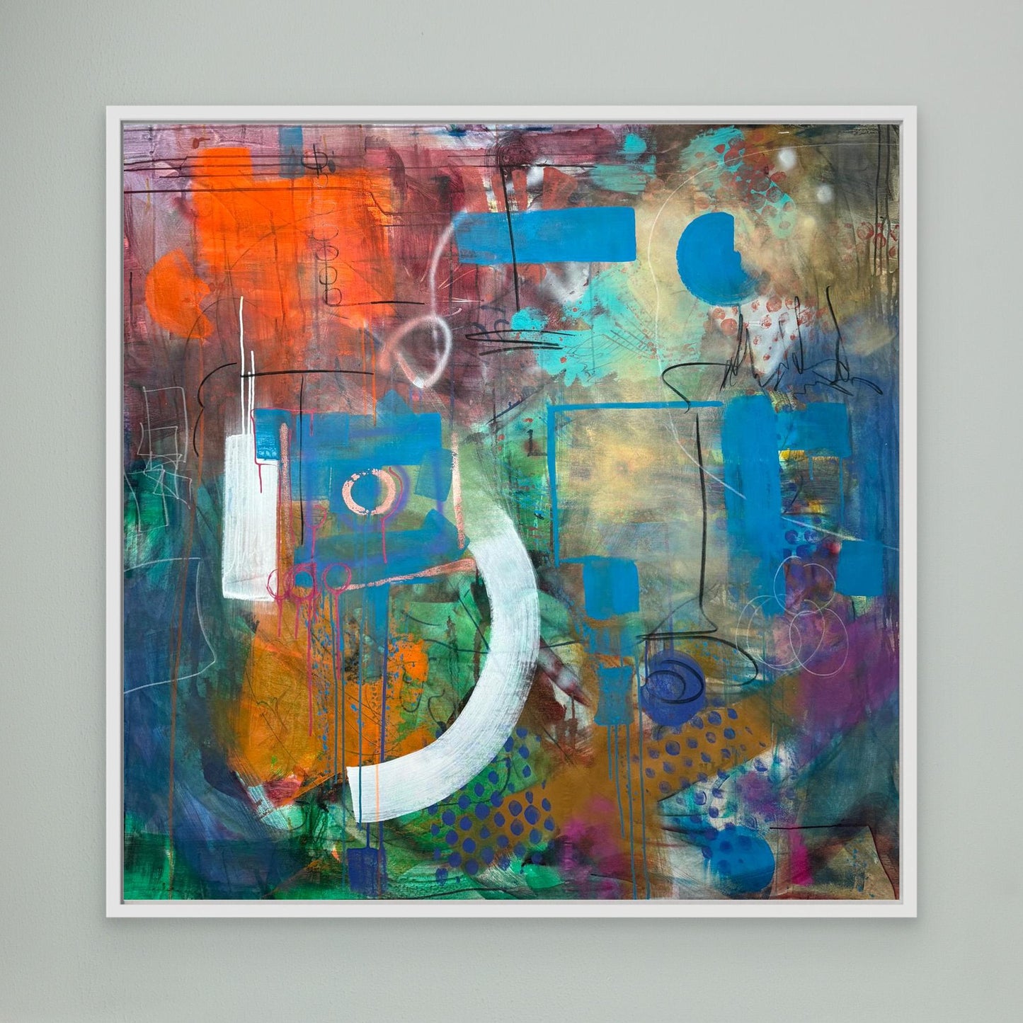 ALWAYS HERE abstract canvas print with white frame on gray wall