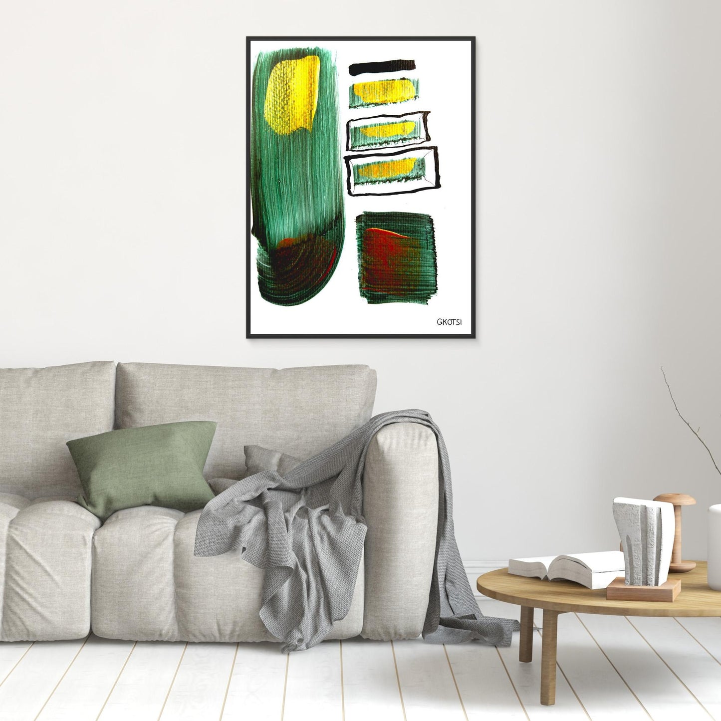 AUF WIEDERSEHEN canvas above grey sofa in modern living room