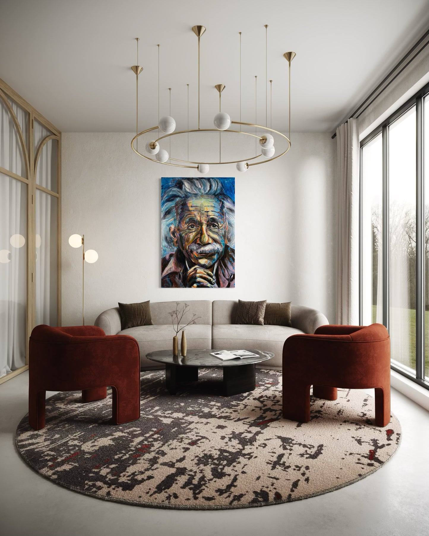 Albert Einstein original painting by Gkotsi Art displayed in luxury living room