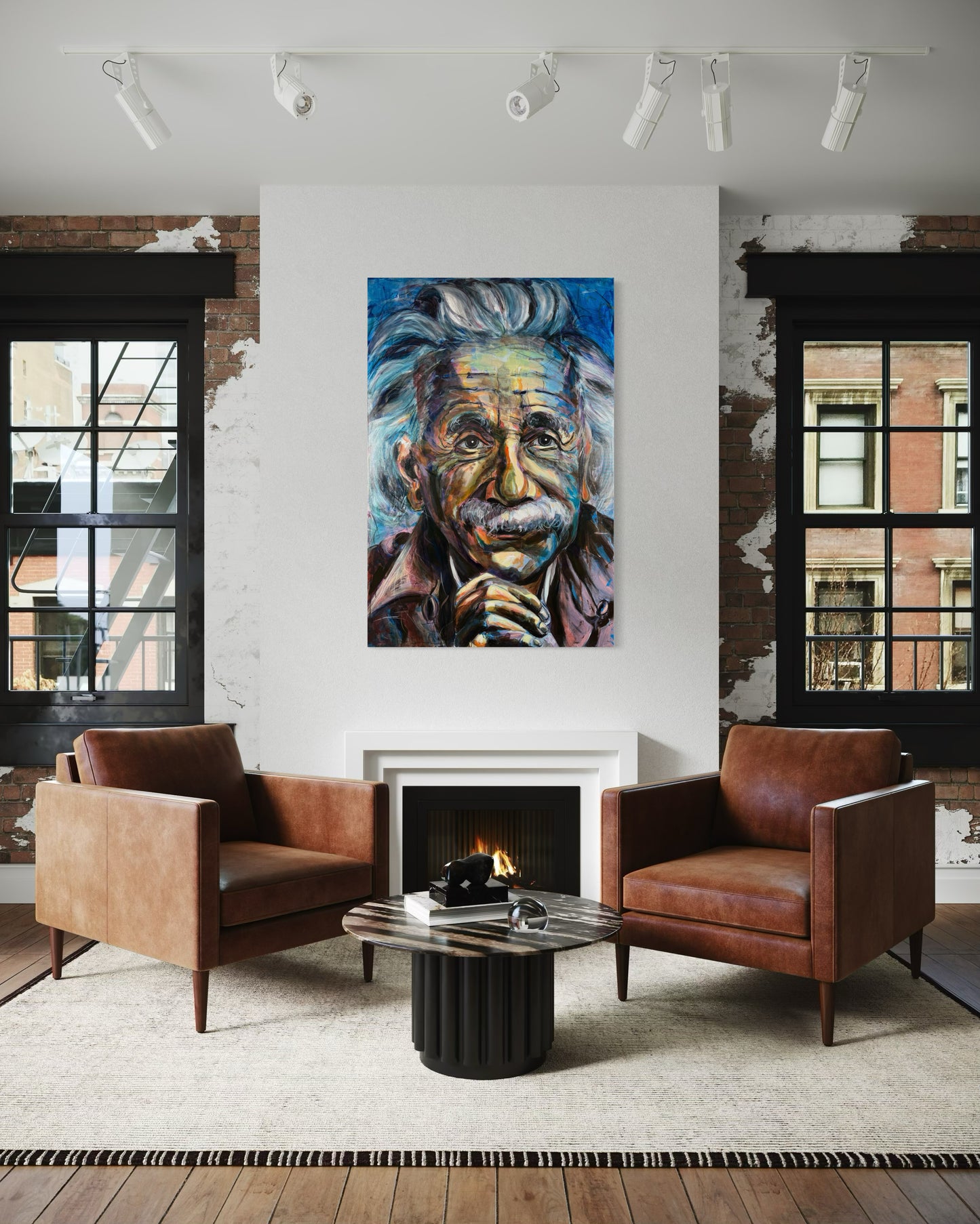 Albert Einstein original painting by Gkotsi Art displayed in living room interior
