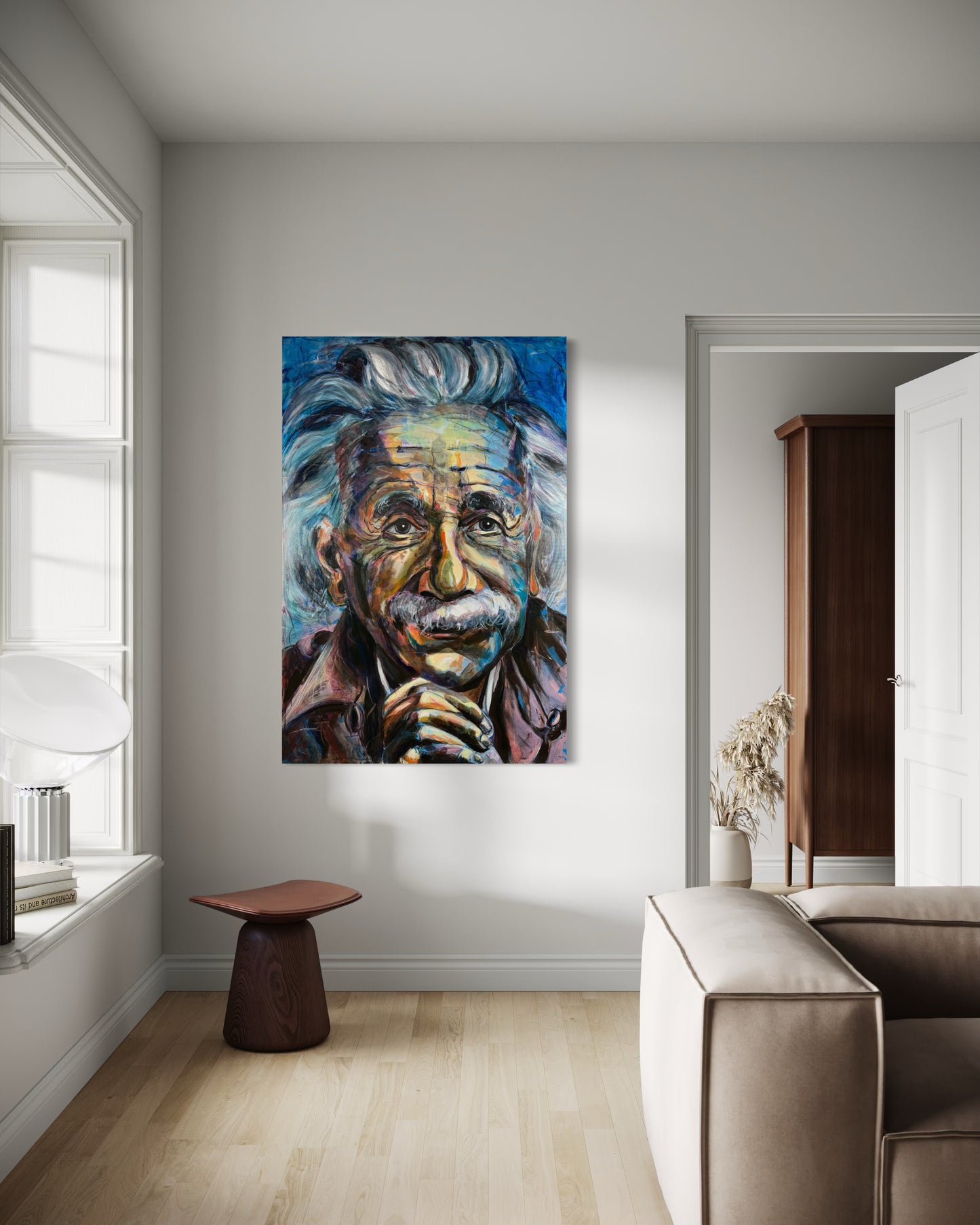 Albert Einstein original painting by Gkotsi Art displayed in living room interior next to window