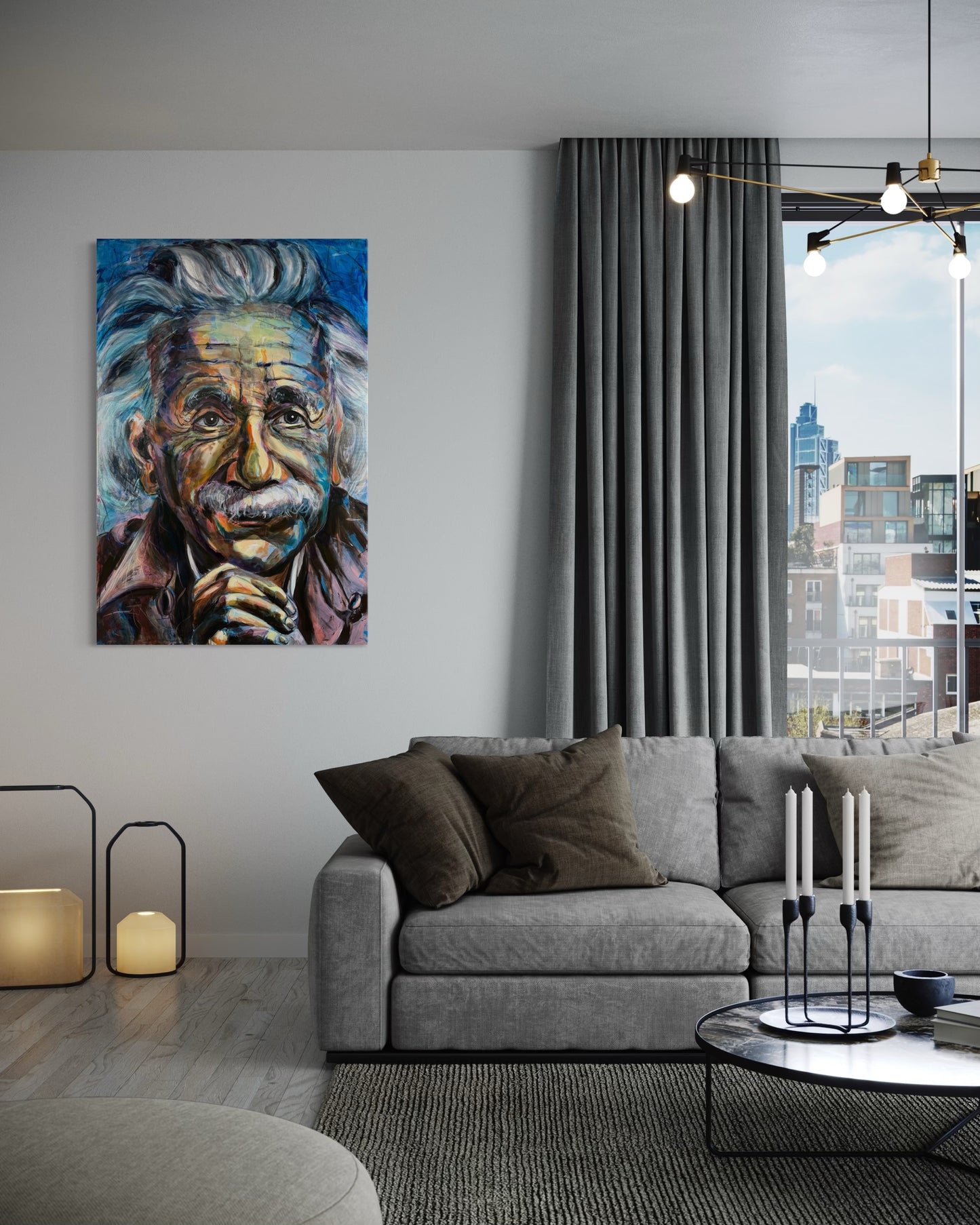 Albert Einstein original painting by Gkotsi Art displayed in modern living room with gray couch