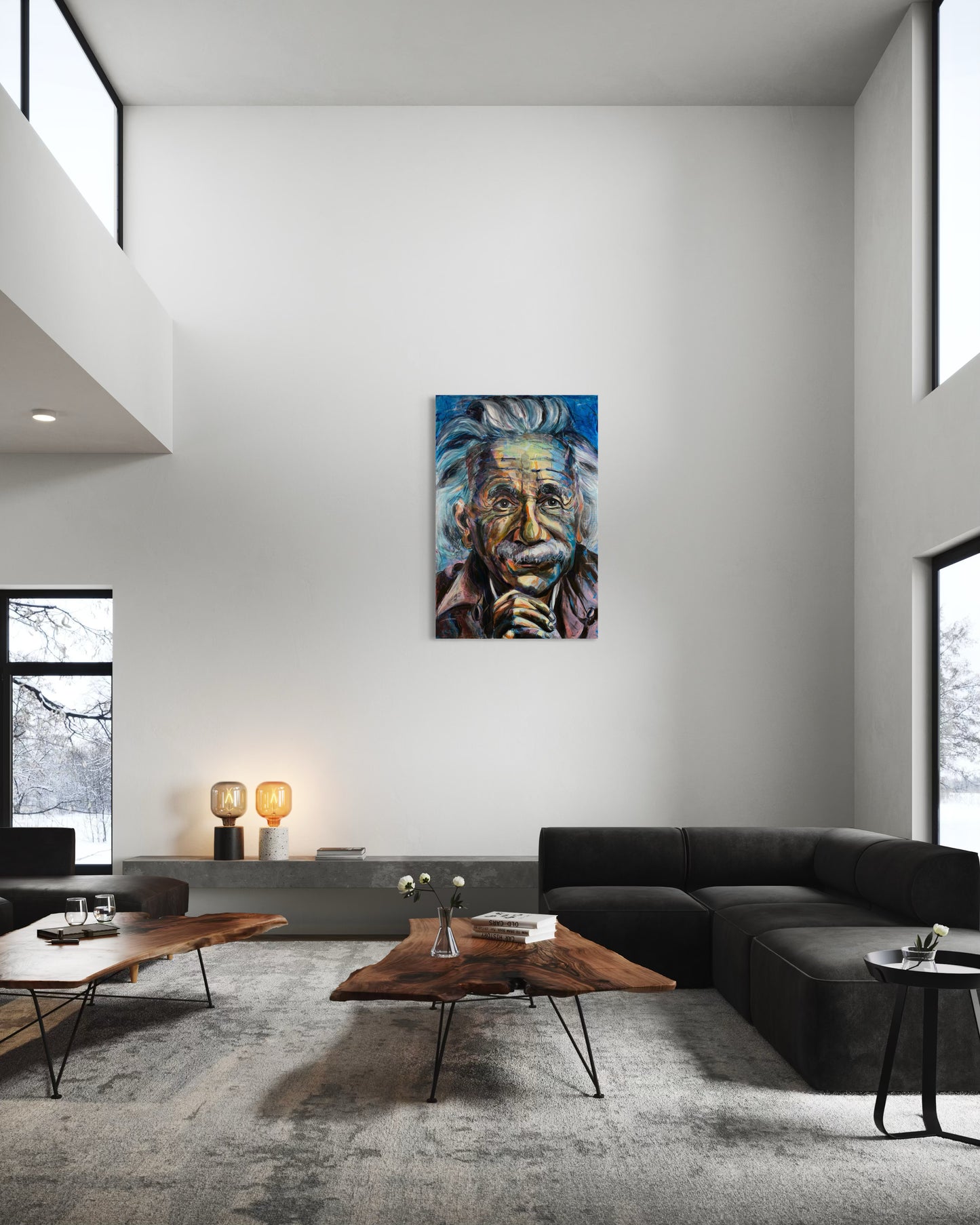 Albert Einstein original painting by Gkotsi Art displayed in modern living room interior