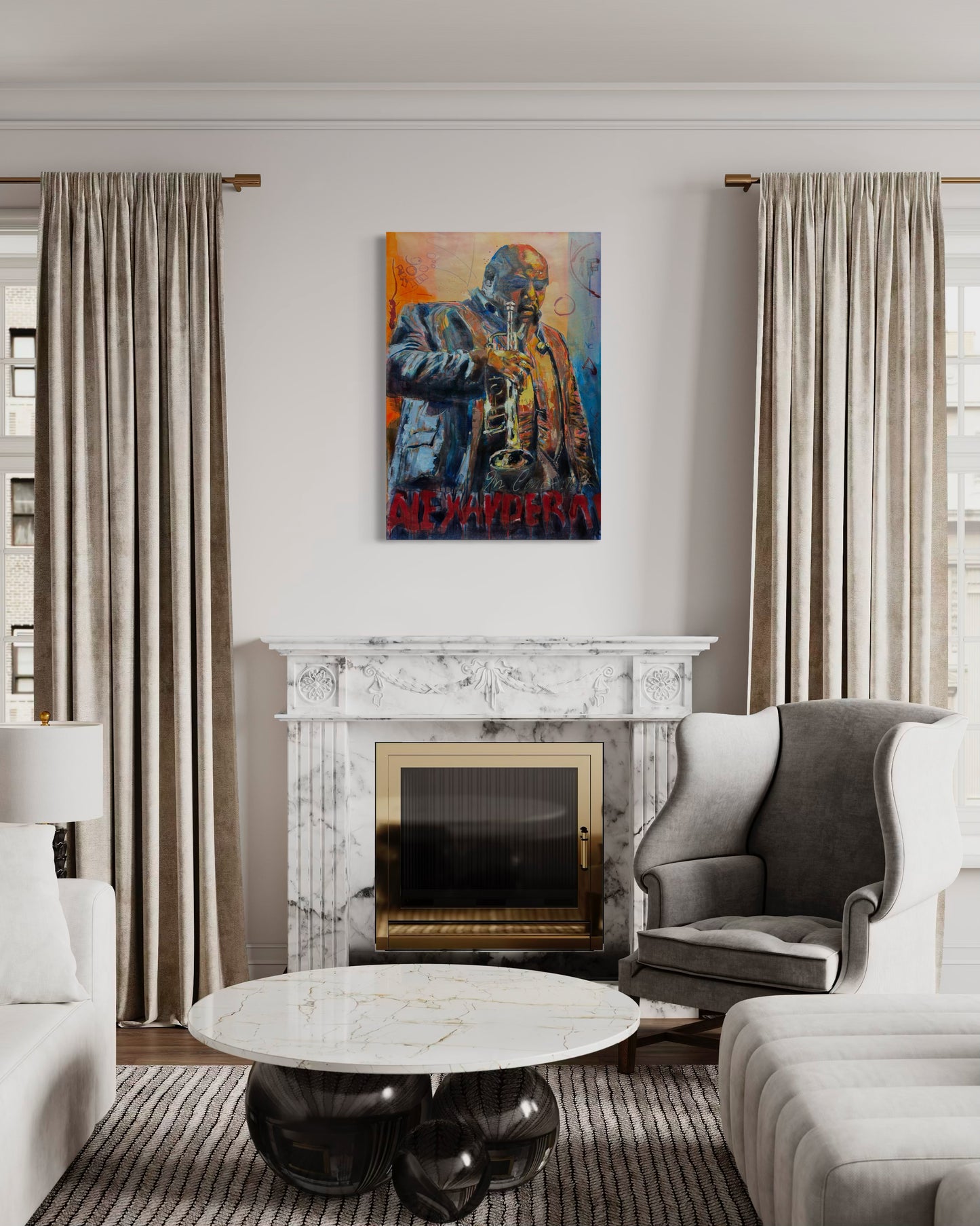 Alexander Abreu original painting by Gkotsi Art displayed in modern living room interior