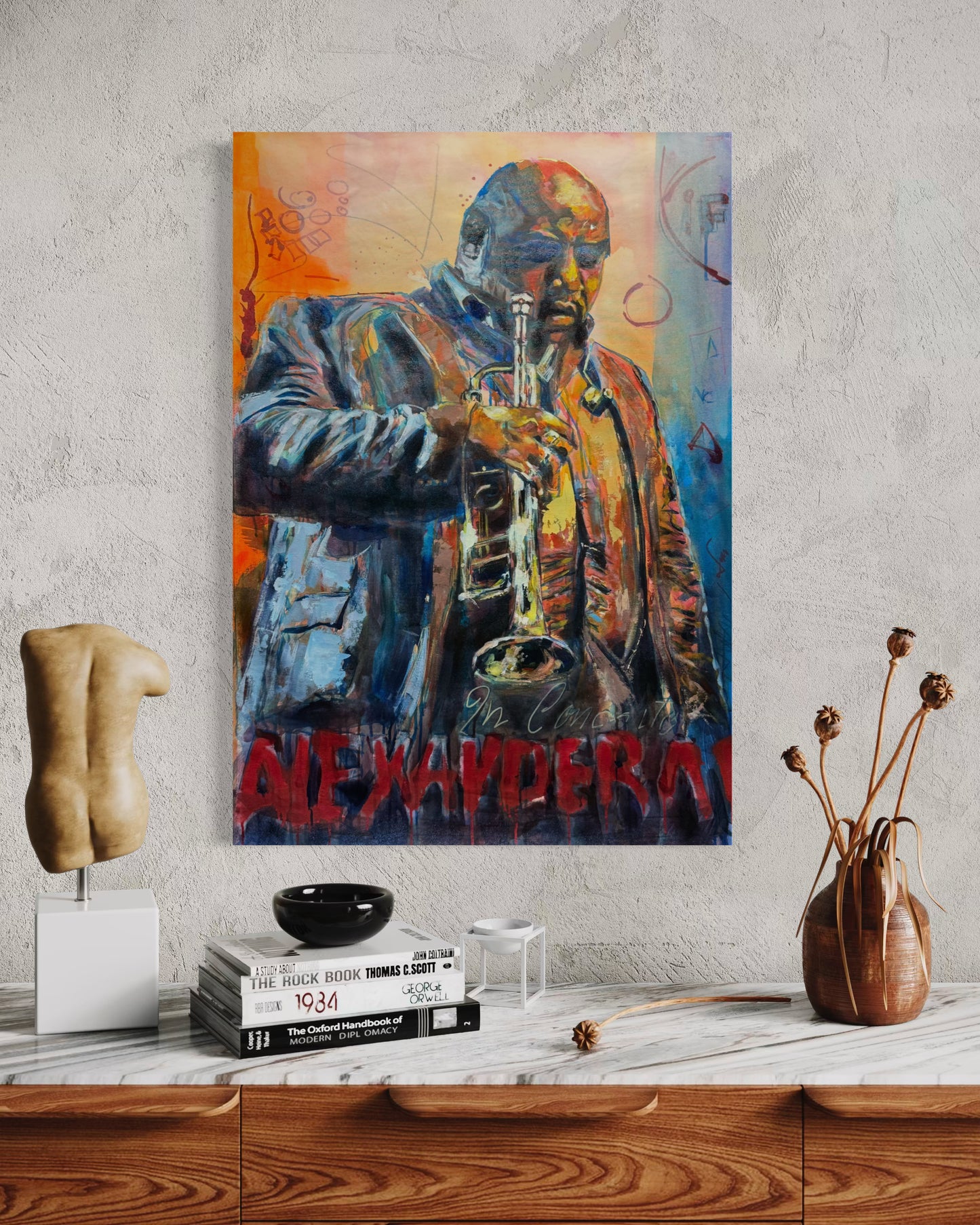 Alexander Abreu original painting by Gkotsi Art above dresser in modern living hall interior
