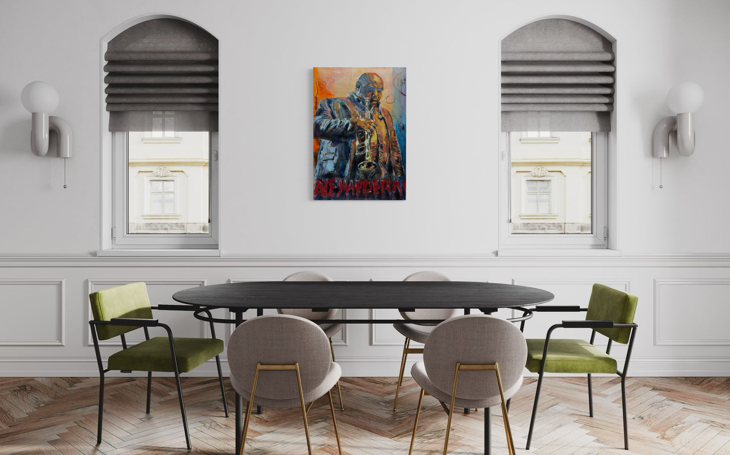 Alexander Abreu original painting by Gkotsi Art above breakfast table in dining area