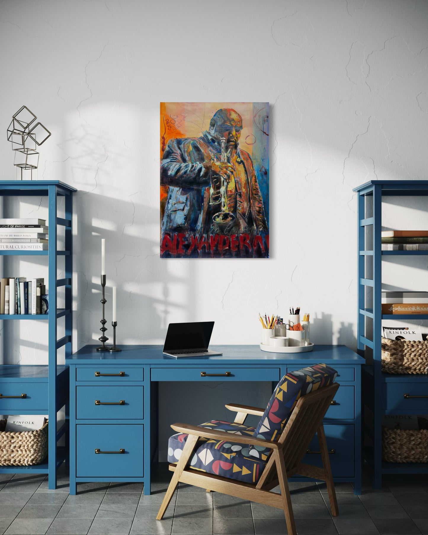 Alexander Abreu original painting by Gkotsi Art above home office interior